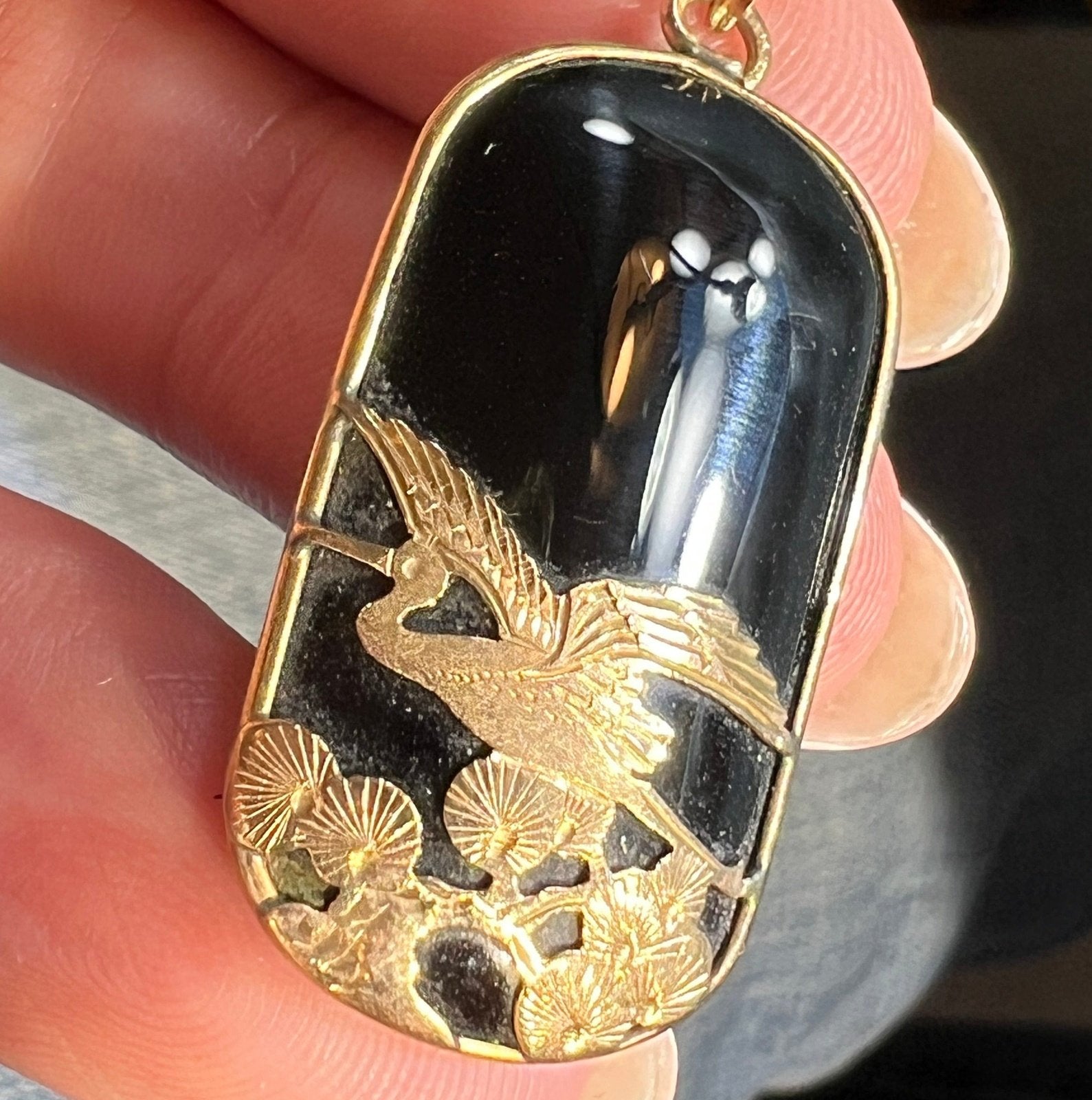 10k Gold Onyx Pendant w Japanese Crane in Katsura Tree