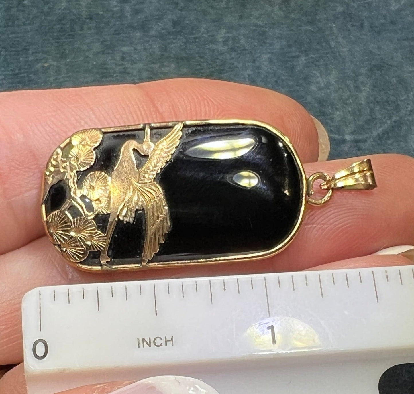 10k Gold Onyx Pendant w Japanese Crane in Katsura Tree