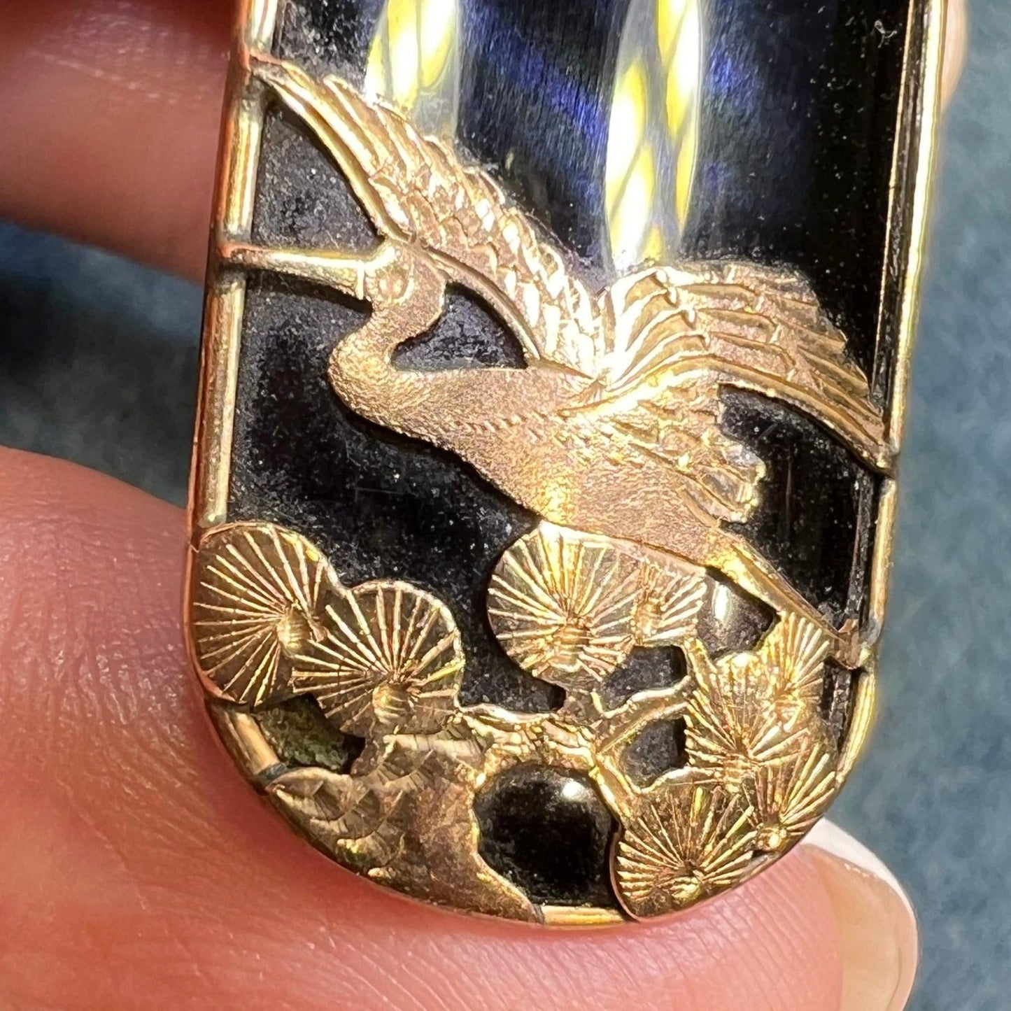 10k Gold Onyx Pendant w Japanese Crane in Katsura Tree