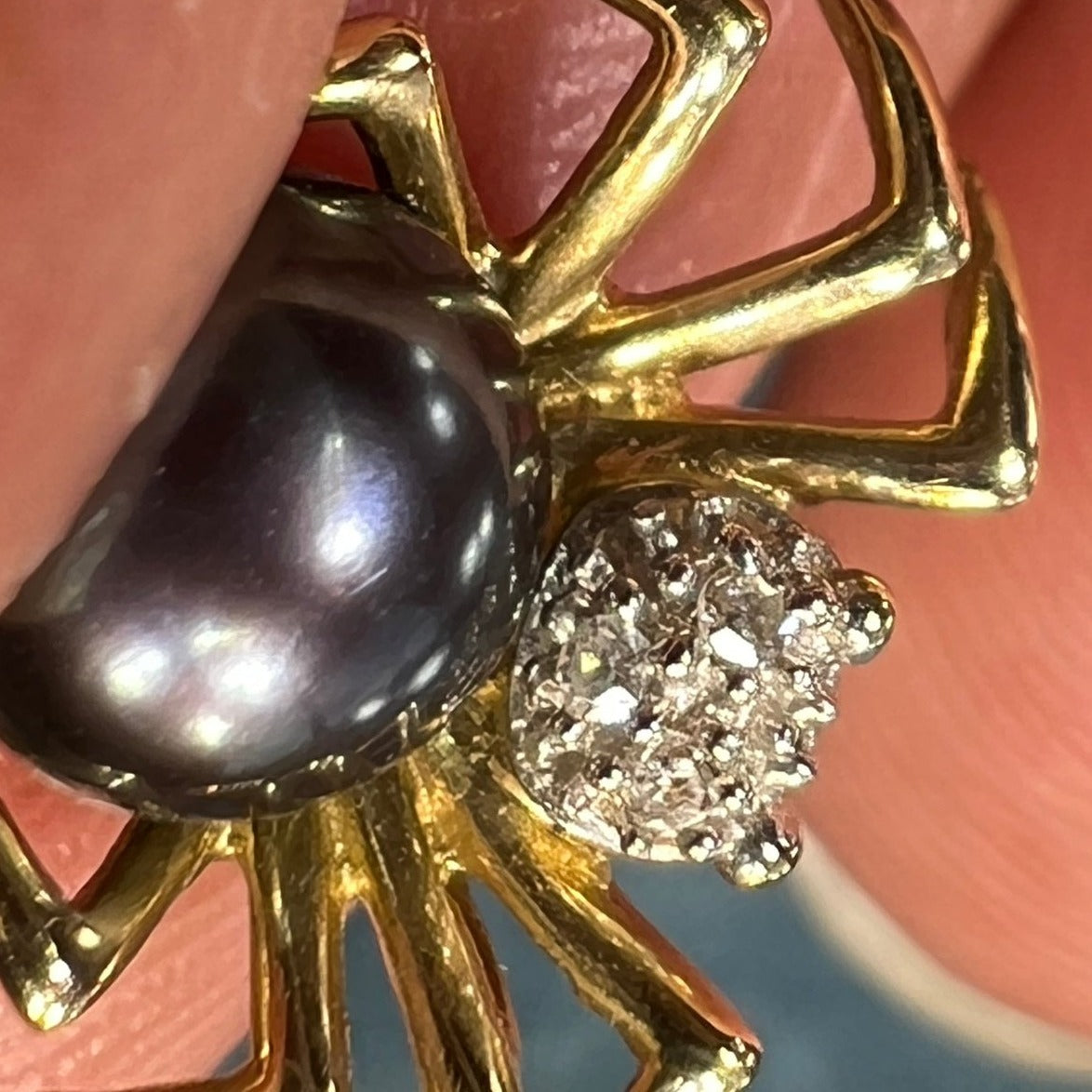 10k Gold Pearl + Diamond BLACK WIDOW Spider Pendant. TINY!