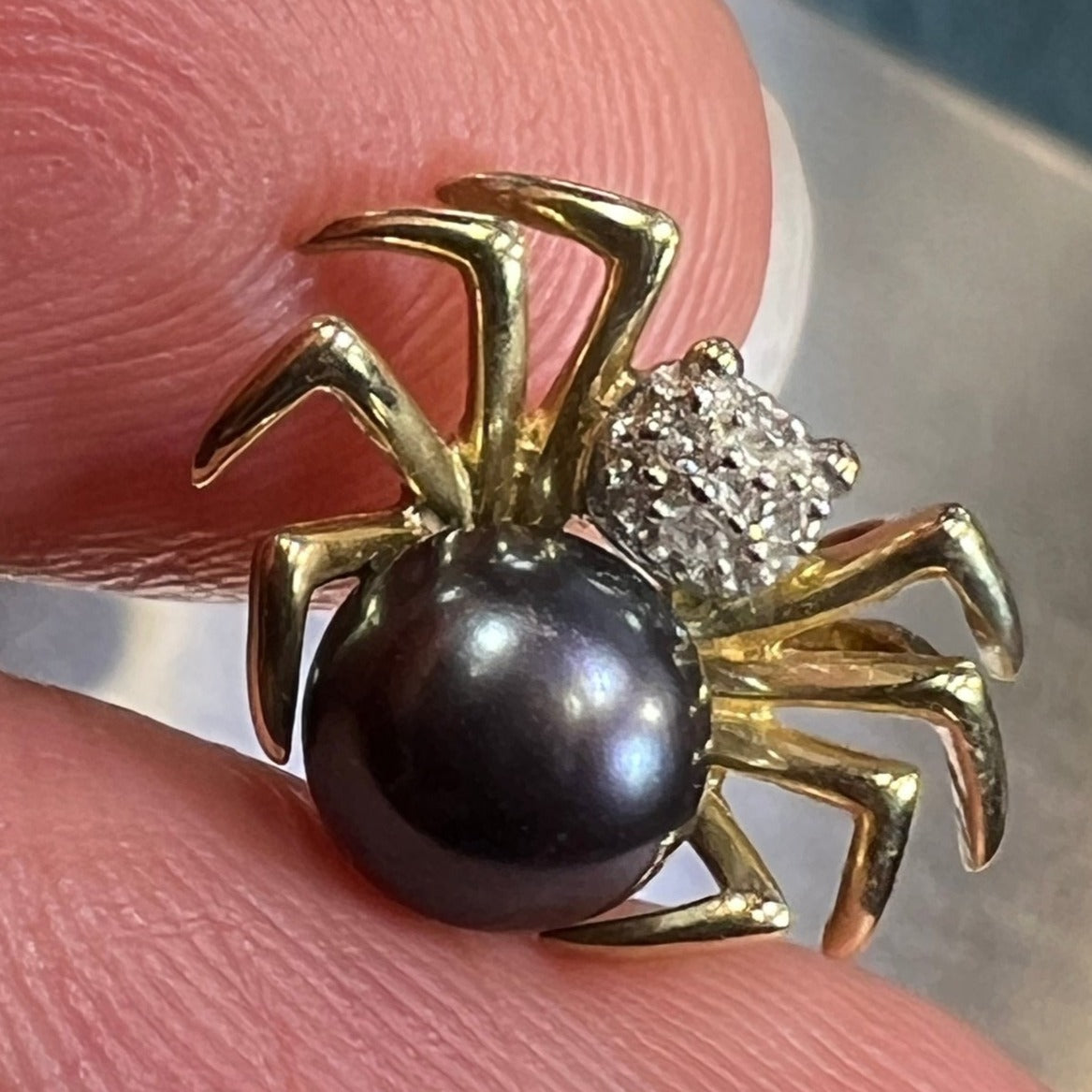 10k Gold Pearl + Diamond BLACK WIDOW Spider Pendant. TINY!