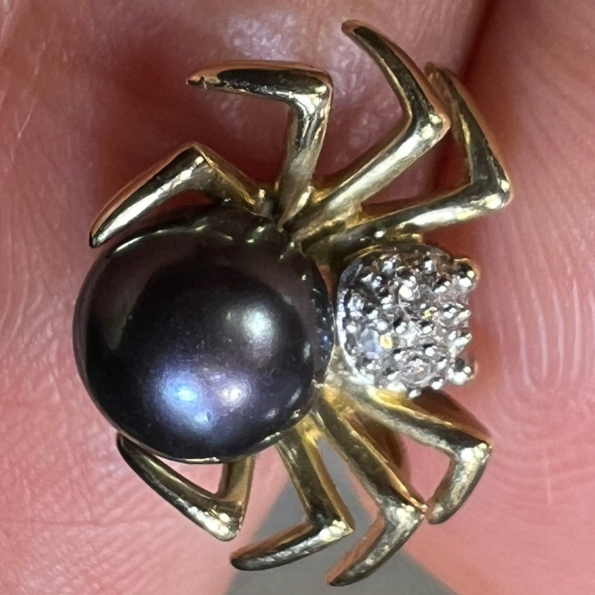 10k Gold Pearl + Diamond BLACK WIDOW Spider Pendant. TINY!