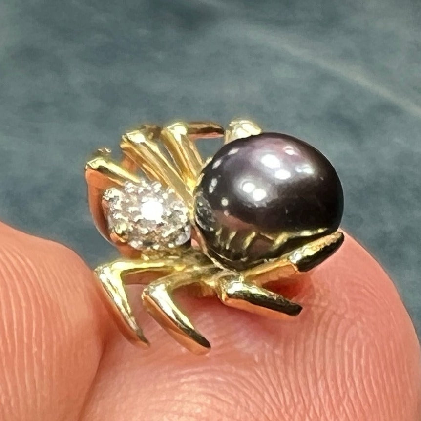 10k Gold Pearl + Diamond BLACK WIDOW Spider Pendant. TINY!