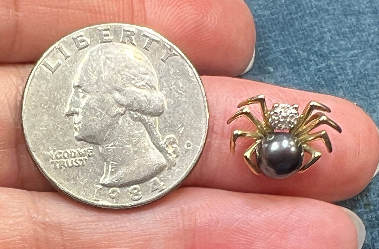 10k Gold Pearl + Diamond BLACK WIDOW Spider Pendant. TINY!