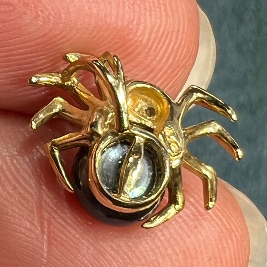 10k Gold Pearl + Diamond BLACK WIDOW Spider Pendant. TINY!