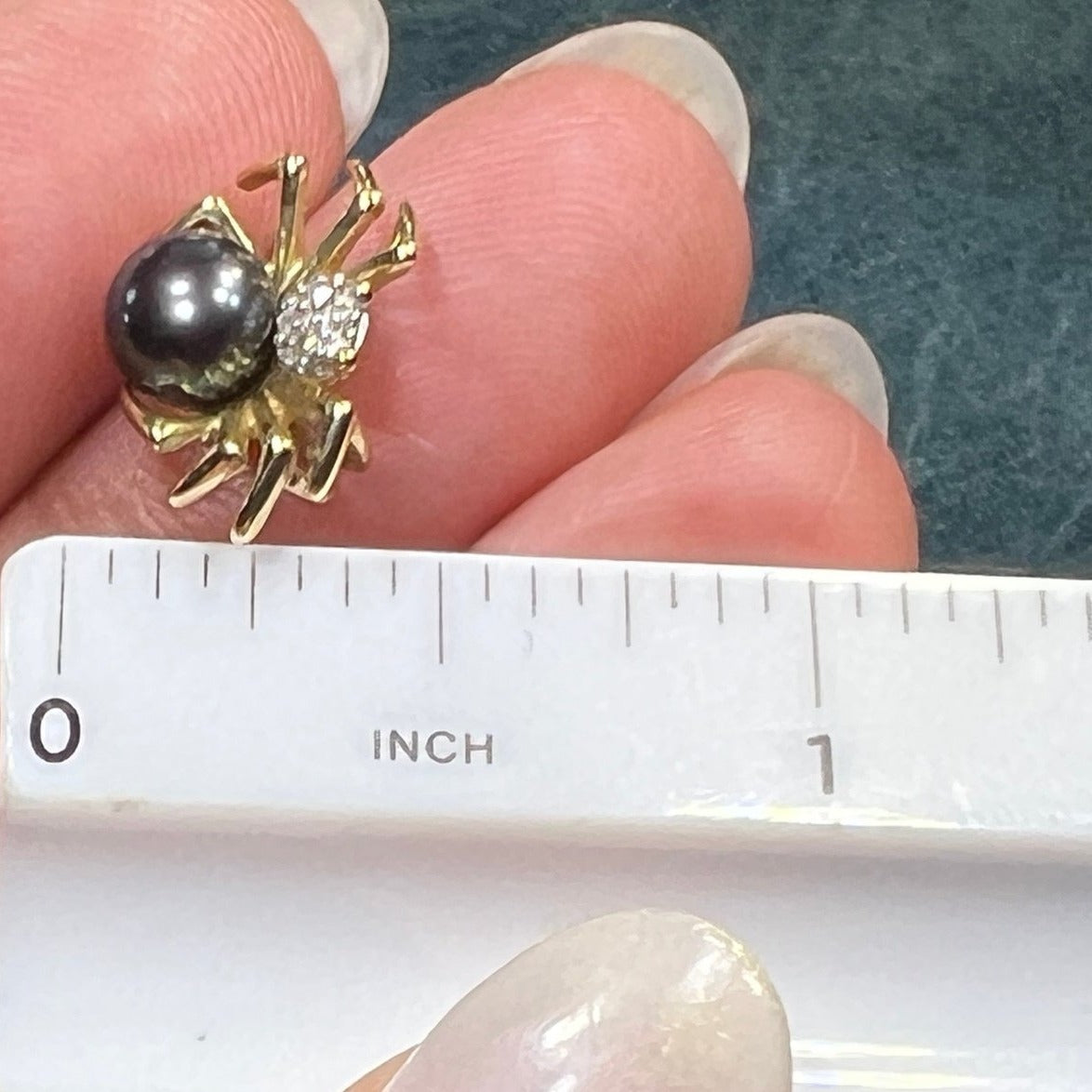 10k Gold Pearl + Diamond BLACK WIDOW Spider Pendant. TINY!