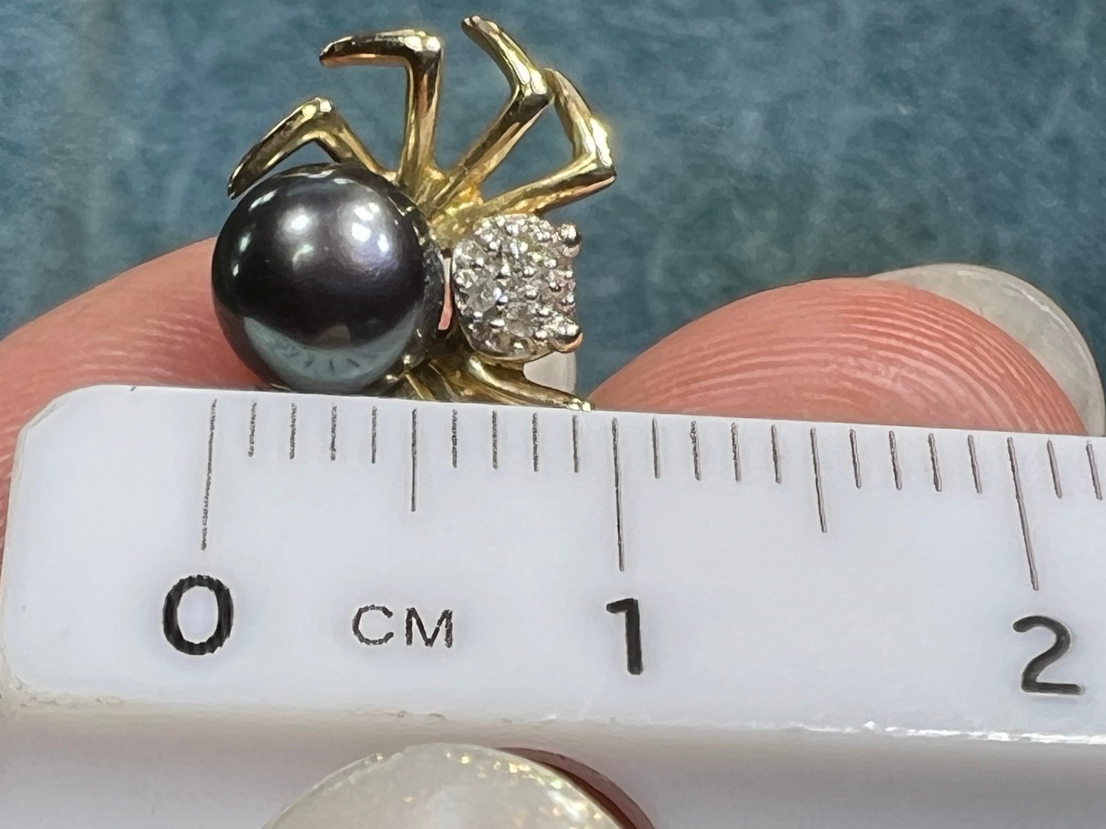 10k Gold Pearl + Diamond BLACK WIDOW Spider Pendant. TINY!