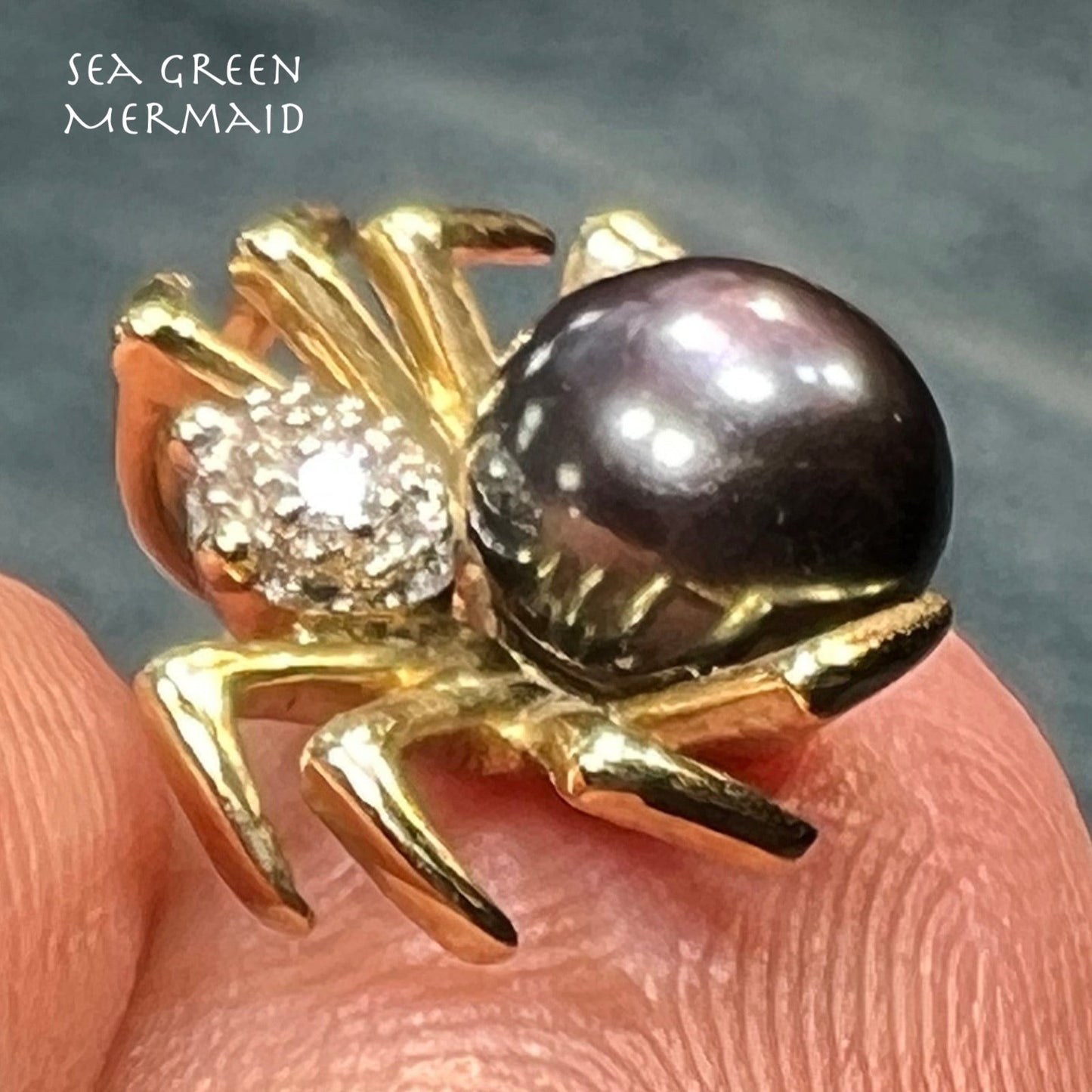 10k Gold Pearl + Diamond BLACK WIDOW Spider Pendant. TINY!