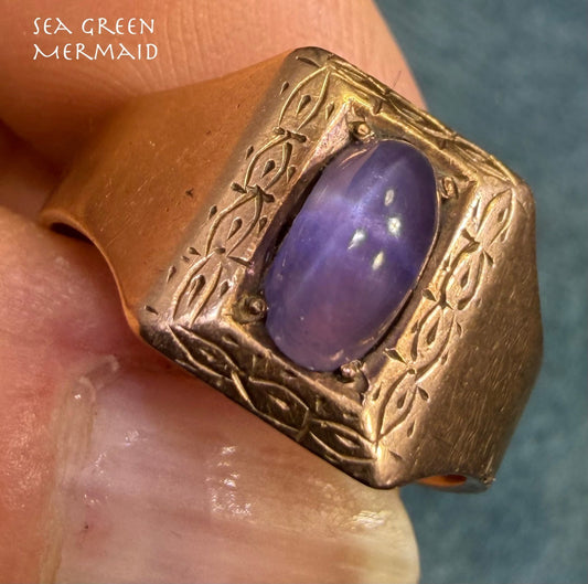 10k Gold Periwinkle Blue Star Sapphire Art Deco Signet Ring *Video*