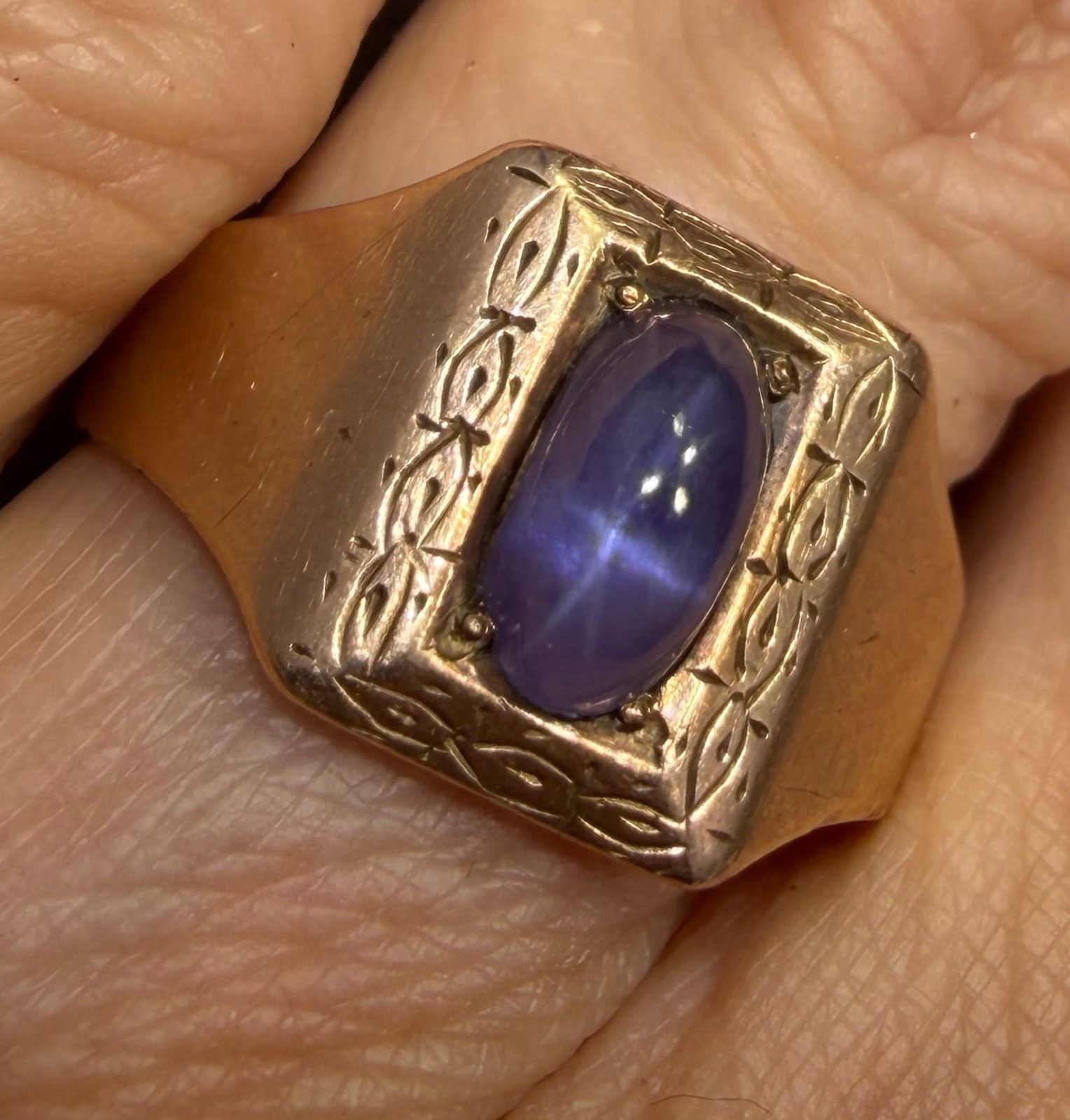 10k Gold Periwinkle Blue Star Sapphire Art Deco Signet Ring *Video*