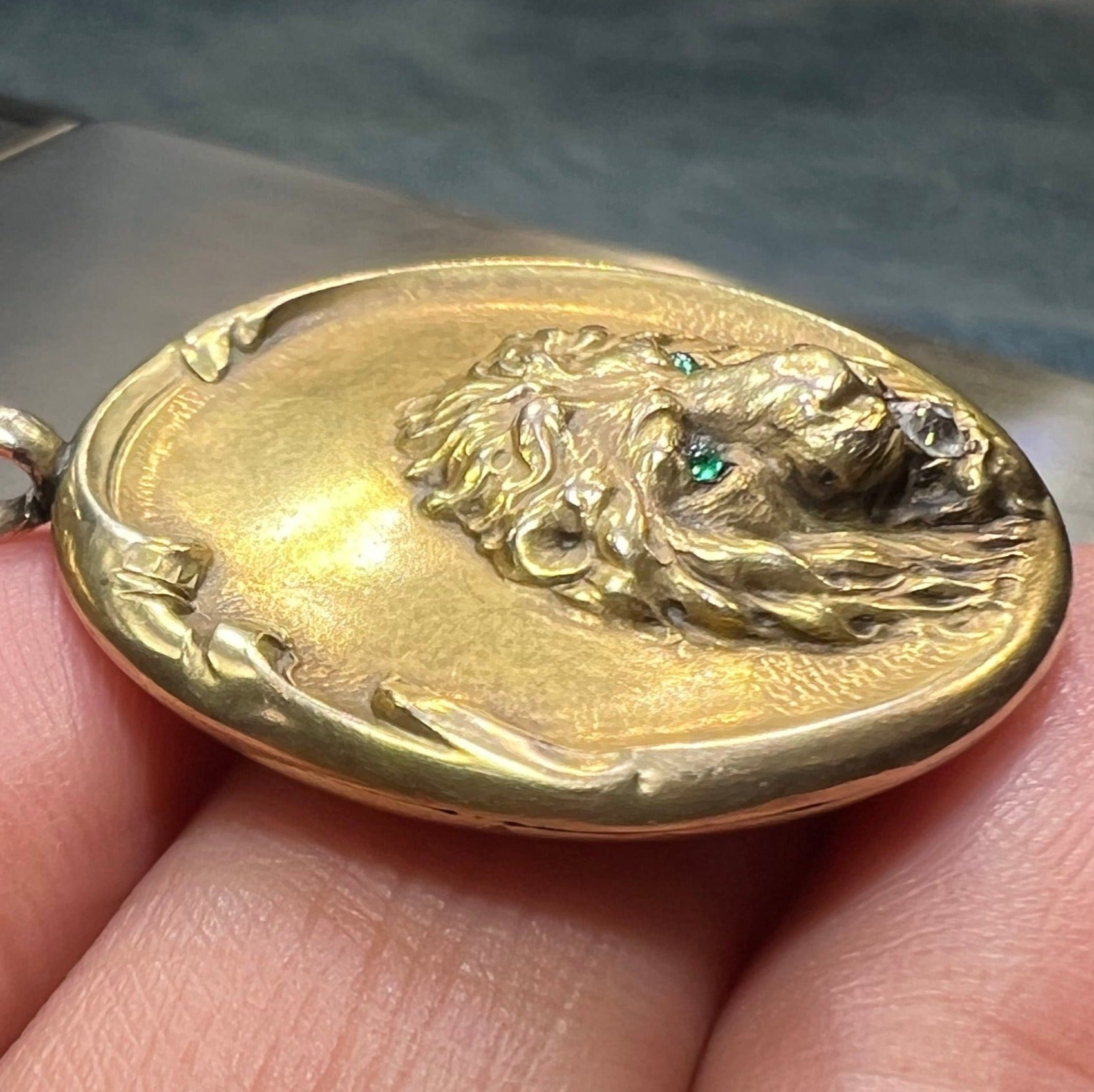 10k Gold Repousse LION Pendant w Diamond. Art Nouveau *Video*