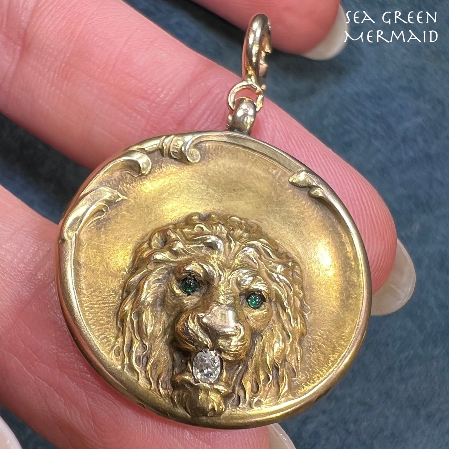 10k Gold Repousse LION Pendant w Diamond. Art Nouveau *Video*