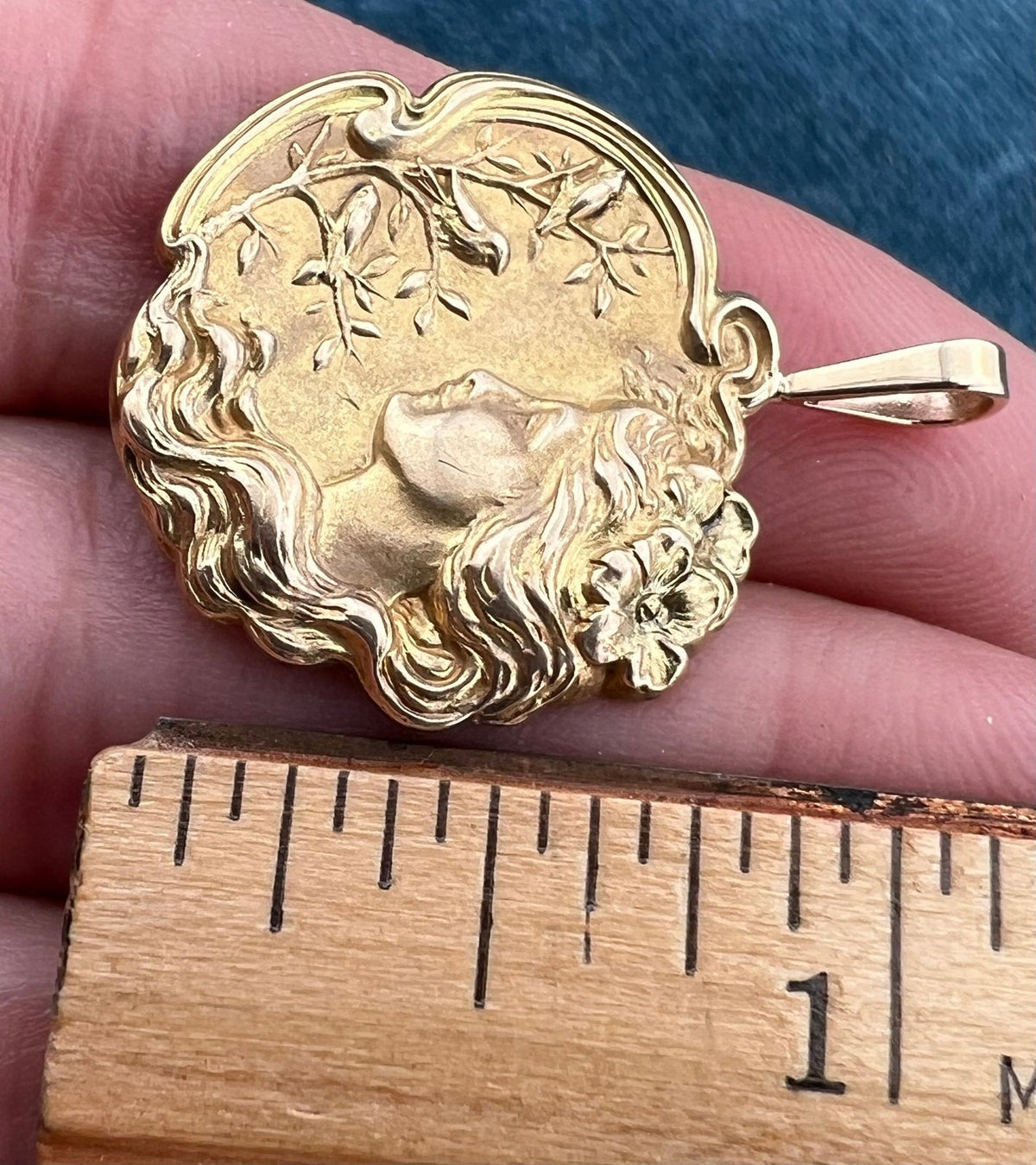 10k Gold Repousse Maiden w 3 Birds Pendant. Art Nouveau. 1.1"