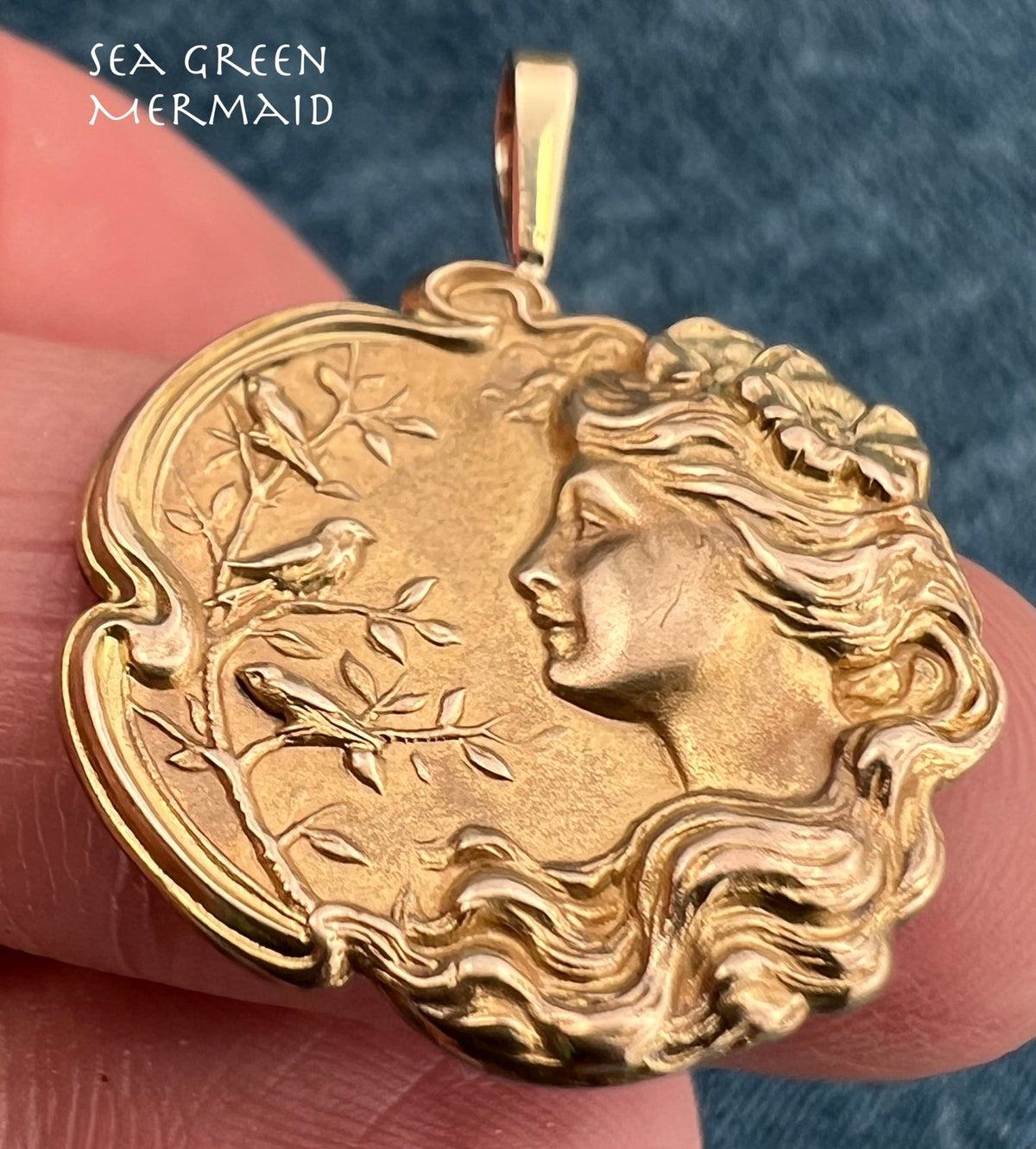 10k Gold Repousse Maiden w 3 Birds Pendant. Art Nouveau. 1.1"
