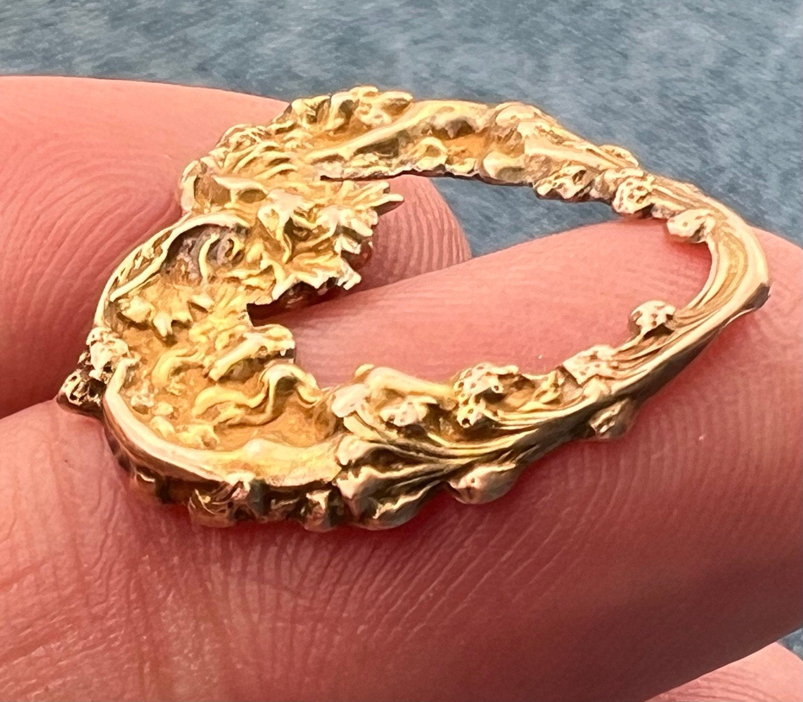 10k Gold Repousse Nymphs + Beast Heart Pendant. Art Nouveau