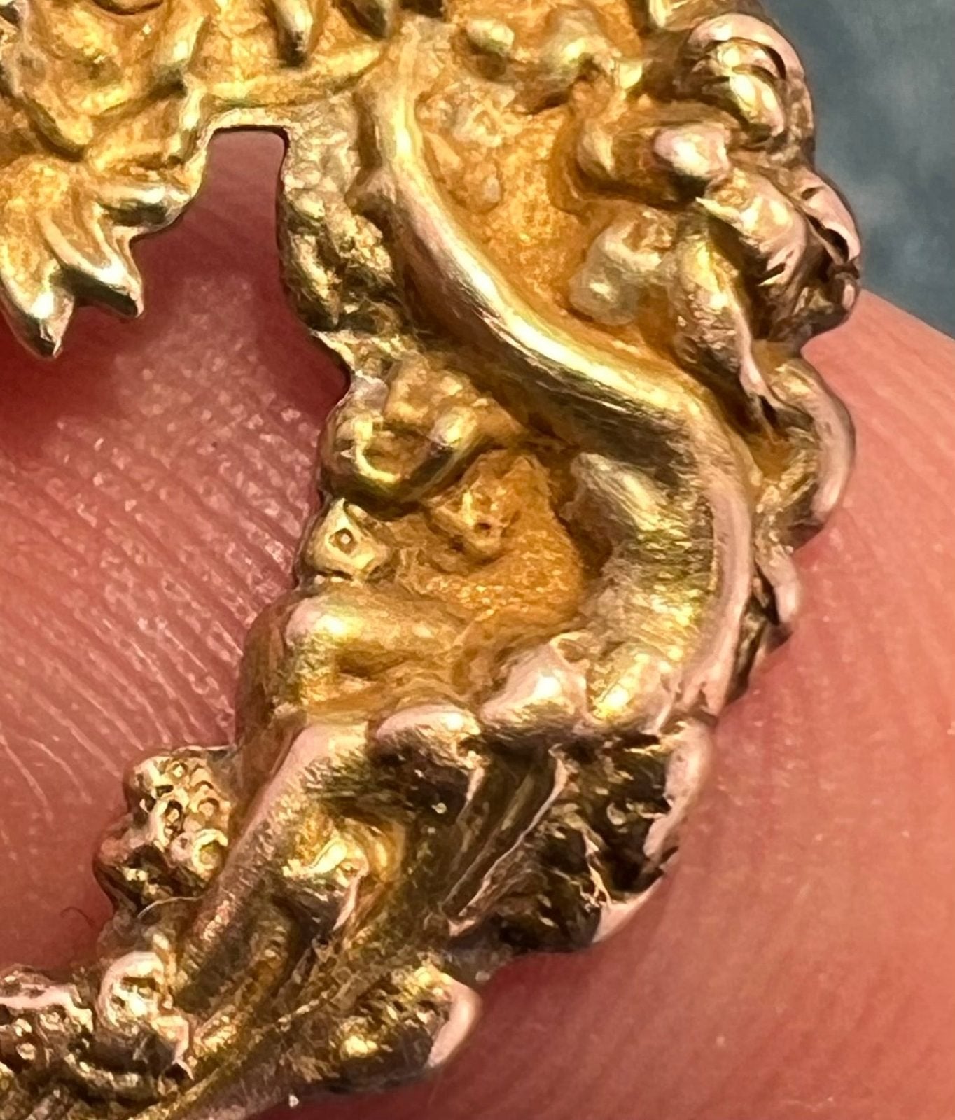 10k Gold Repousse Nymphs + Beast Heart Pendant. Art Nouveau