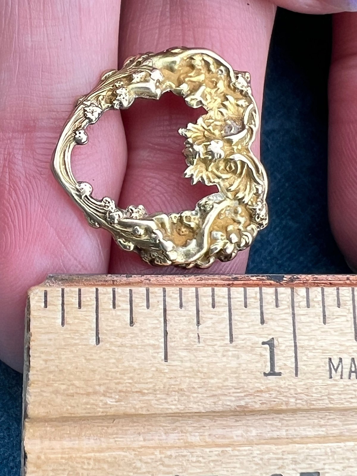 10k Gold Repousse Nymphs + Beast Heart Pendant. Art Nouveau