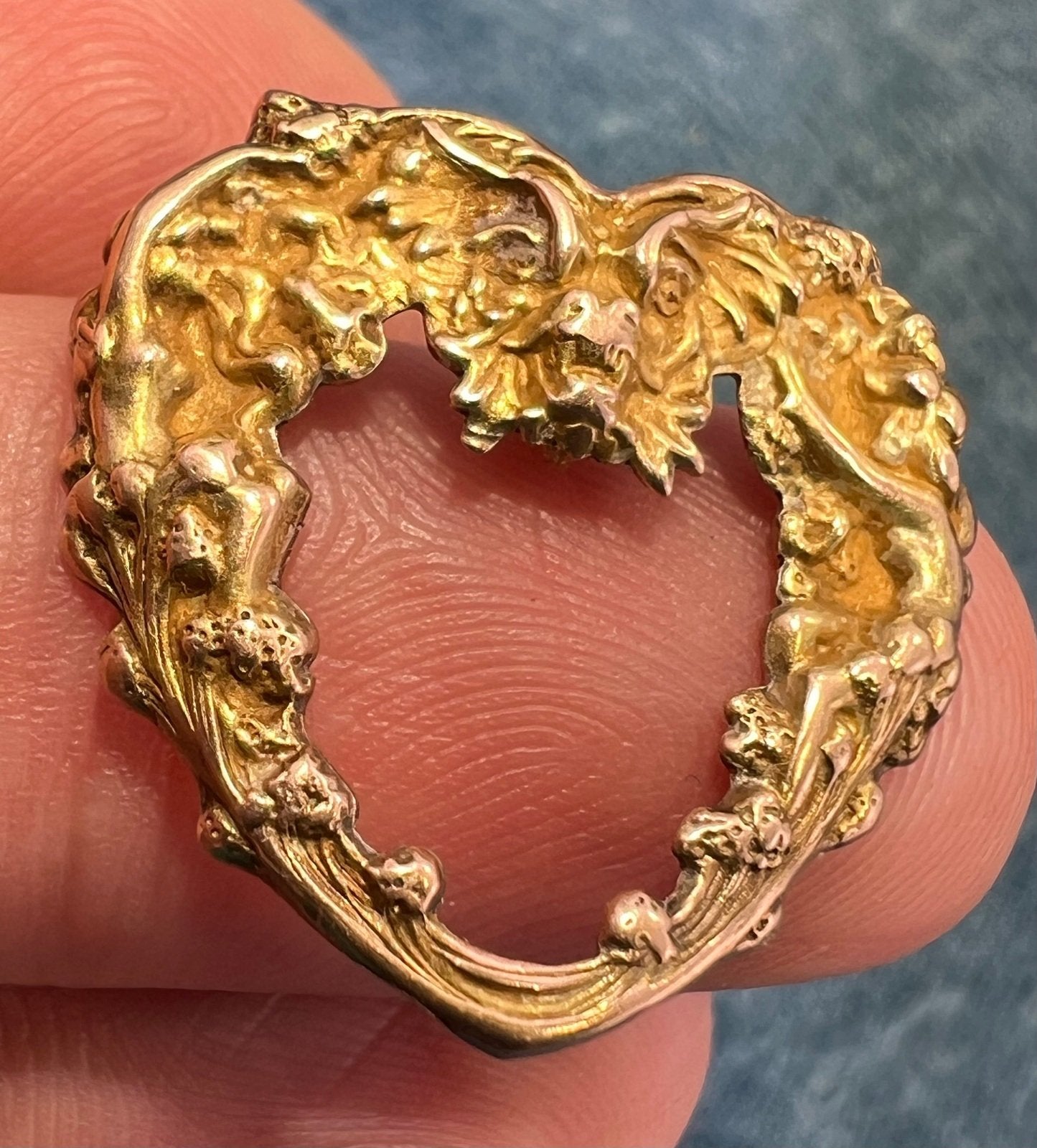 10k Gold Repousse Nymphs + Beast Heart Pendant. Art Nouveau