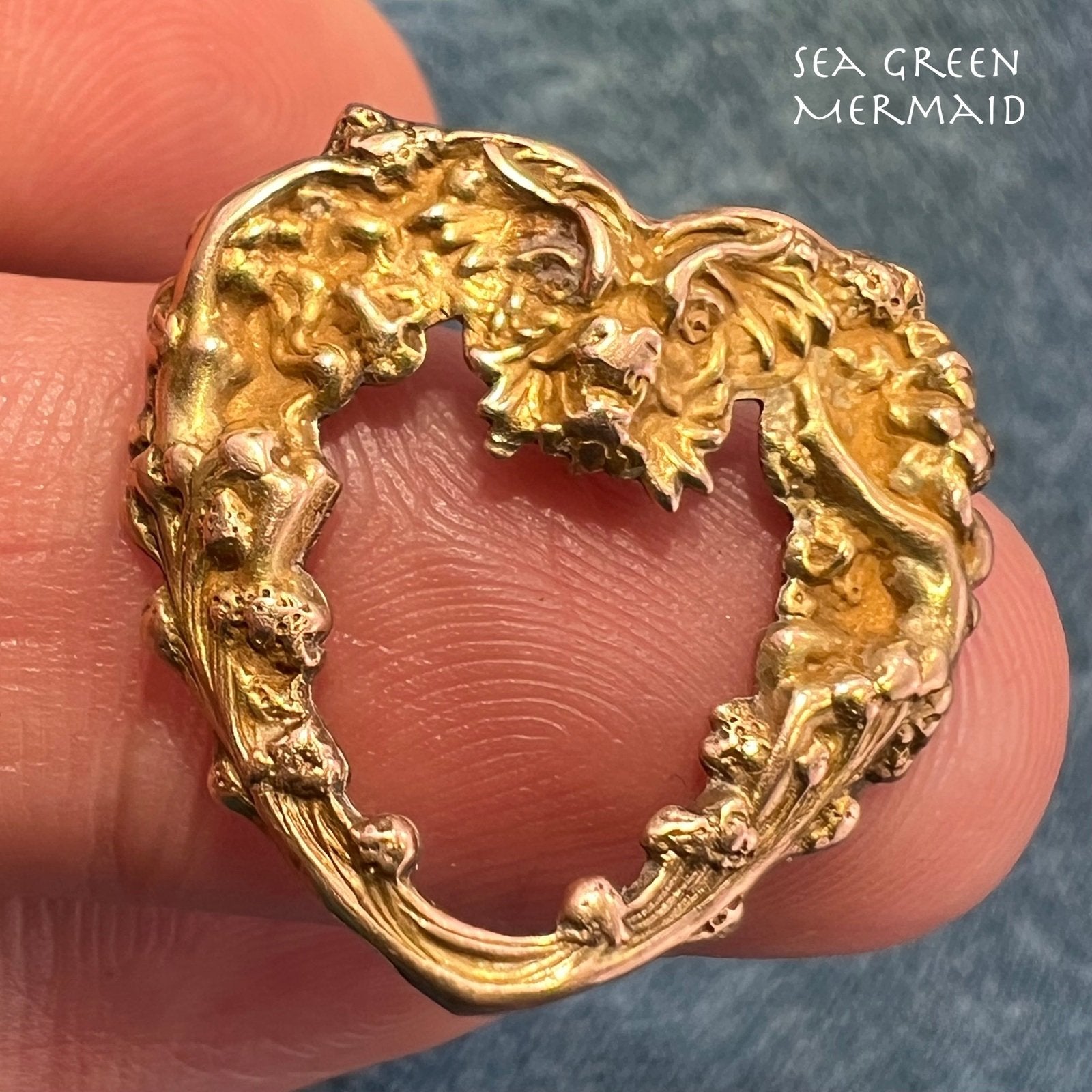 10k Gold Repousse Nymphs + Beast Heart Pendant. Art Nouveau