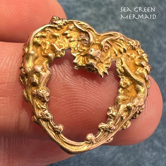 10k Gold Repousse Nymphs + Beast Heart Pendant. Art Nouveau