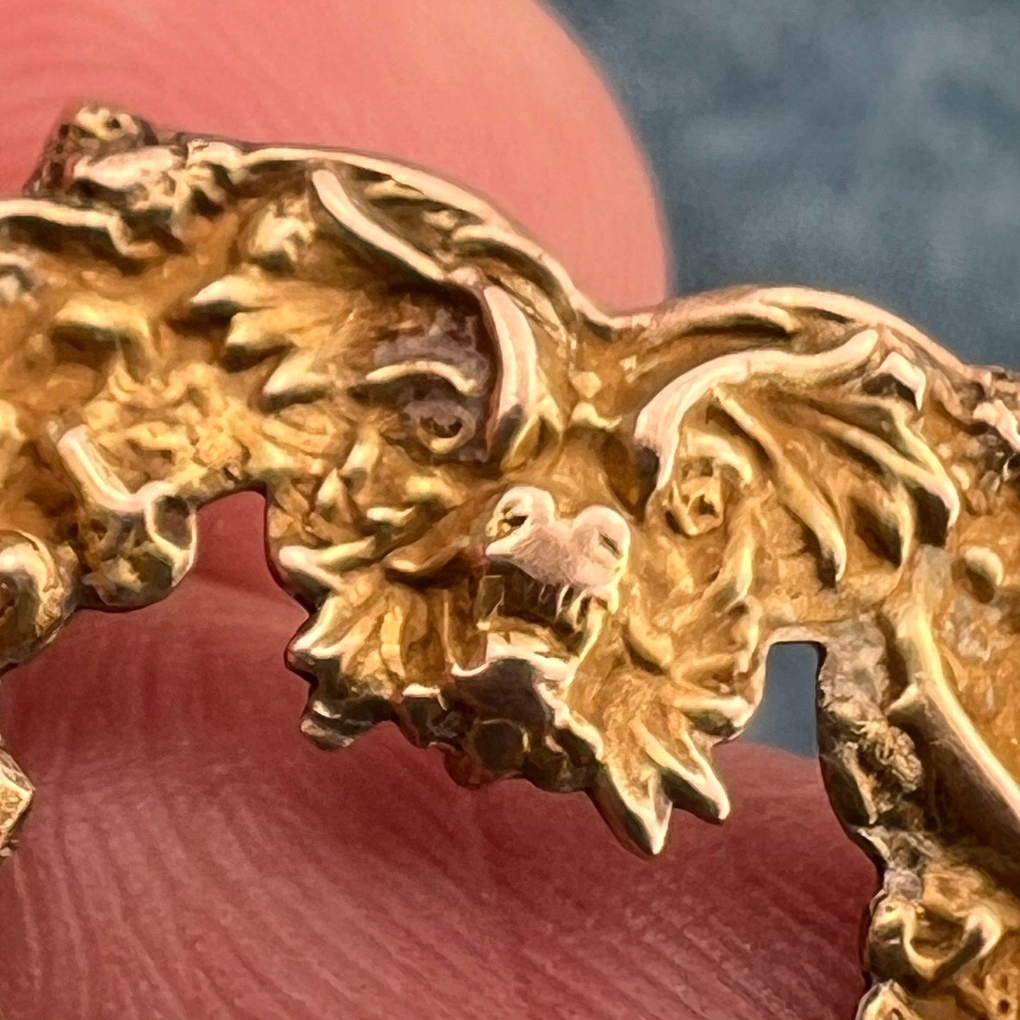 10k Gold Repousse Nymphs + Beast Heart Pendant. Art Nouveau