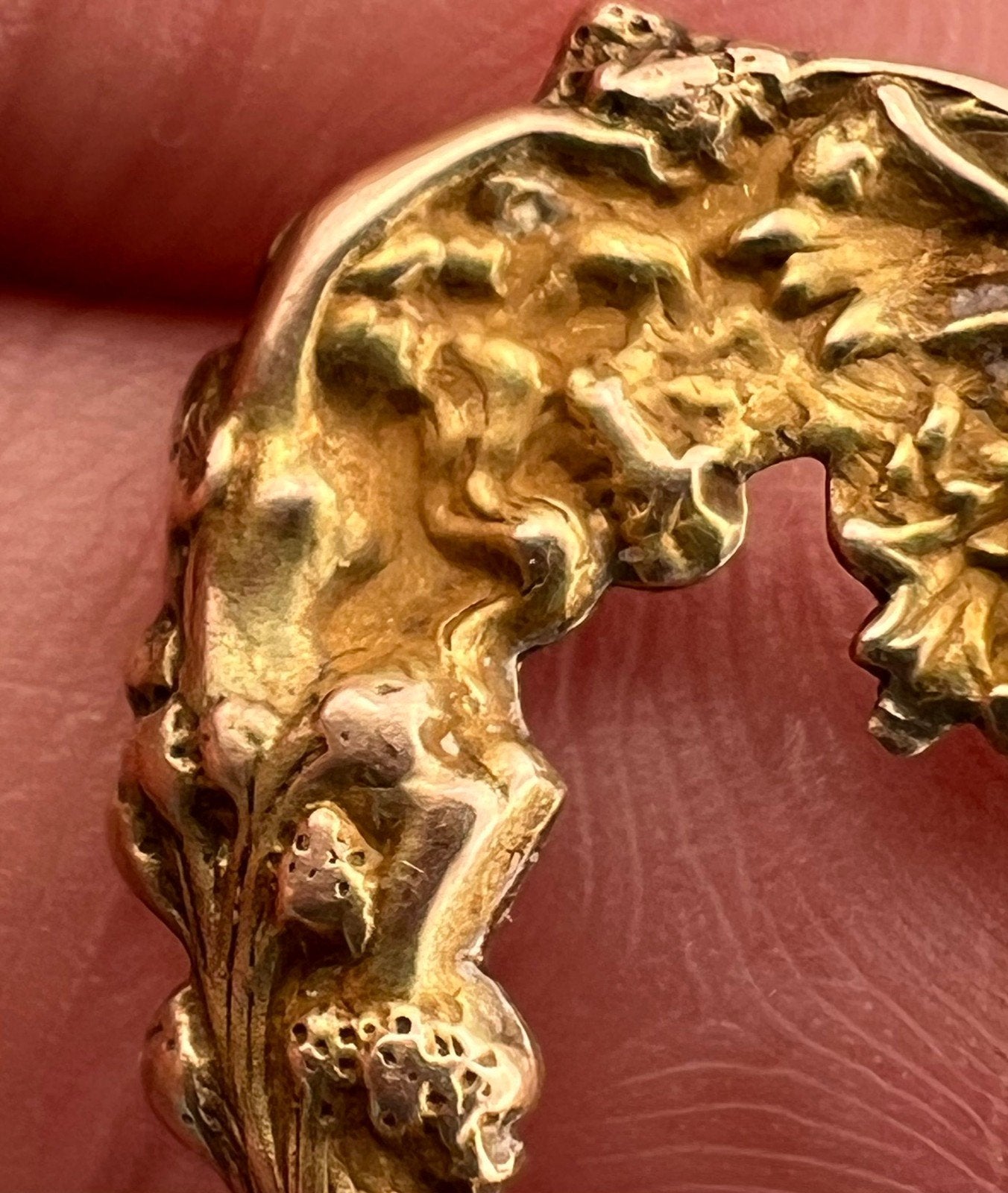 10k Gold Repousse Nymphs + Beast Heart Pendant. Art Nouveau