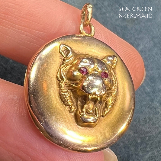 10k Gold Repousse Tiger Pendant w Ruby Eyes. Art Nouveau *Video*