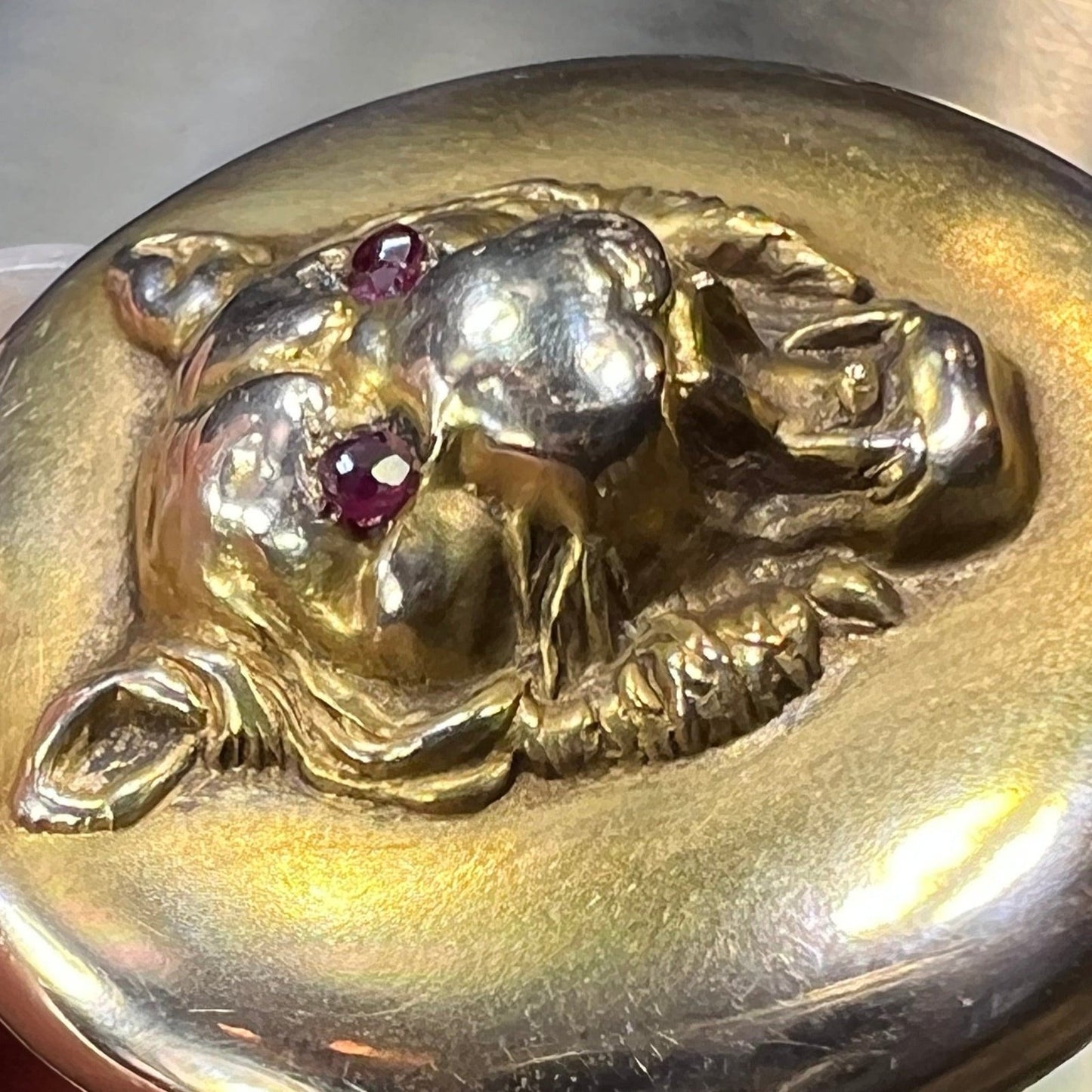 10k Gold Repousse Tiger Pendant w Ruby Eyes. Art Nouveau *Video*