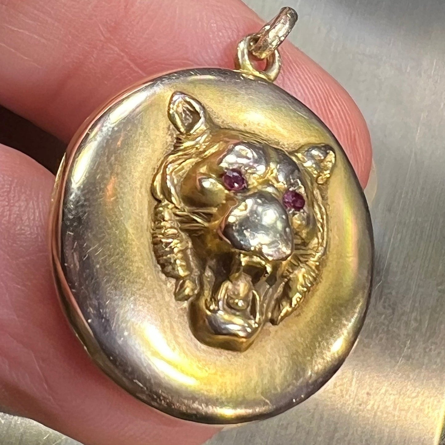 10k Gold Repousse Tiger Pendant w Ruby Eyes. Art Nouveau *Video*