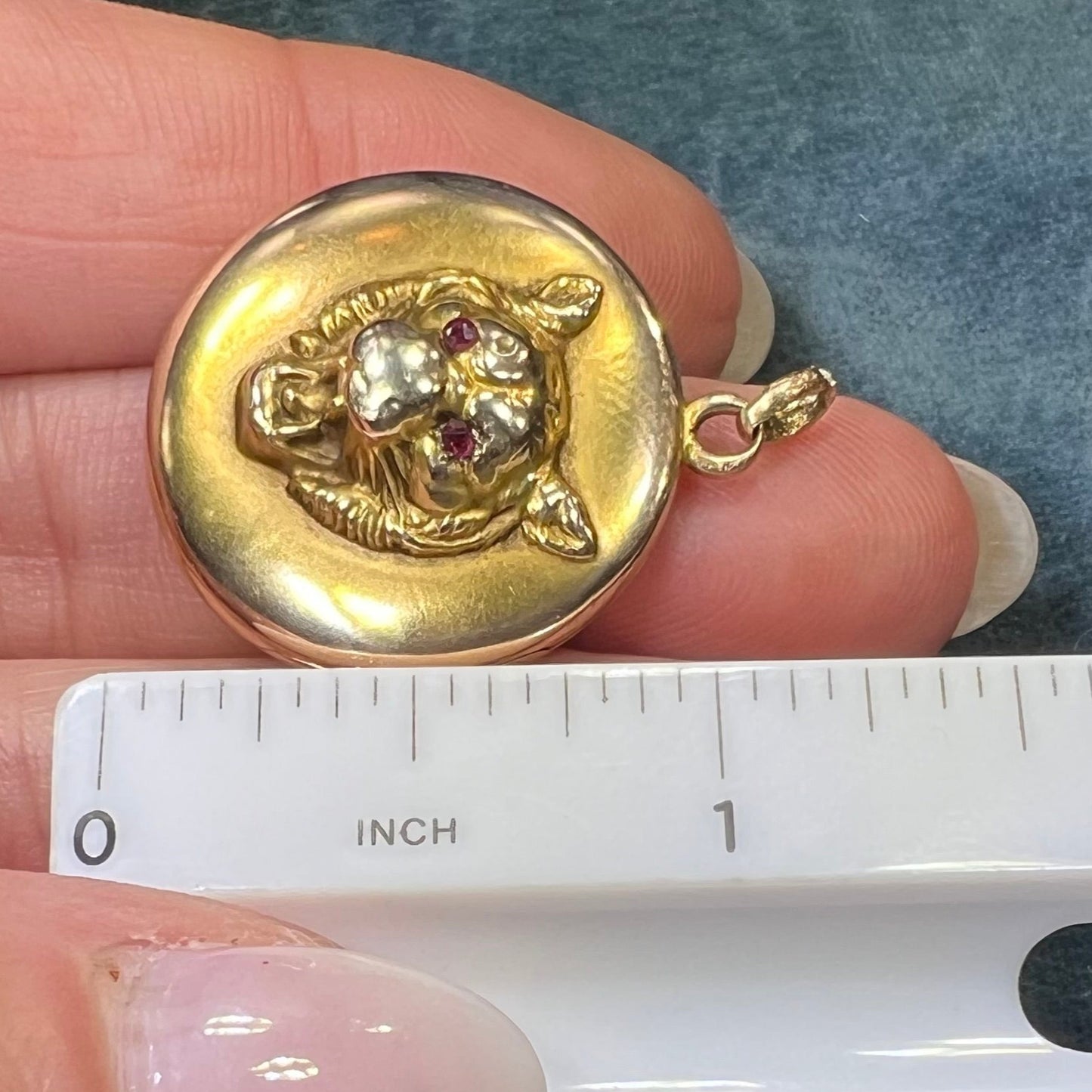 10k Gold Repousse Tiger Pendant w Ruby Eyes. Art Nouveau *Video*