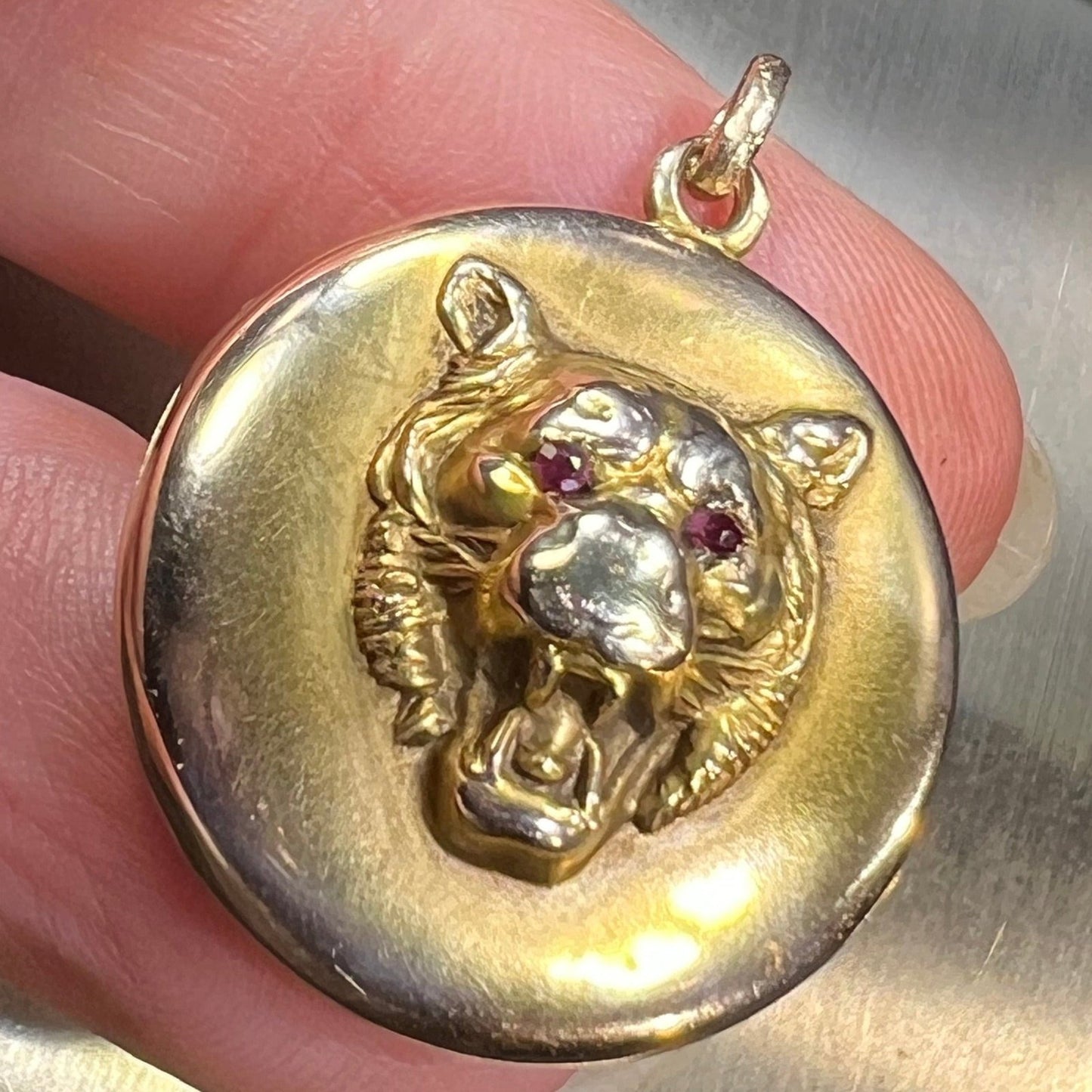 10k Gold Repousse Tiger Pendant w Ruby Eyes. Art Nouveau *Video*