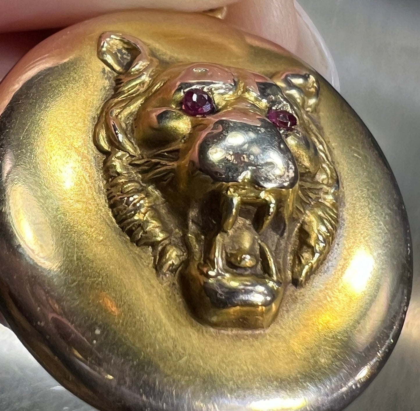 10k Gold Repousse Tiger Pendant w Ruby Eyes. Art Nouveau *Video*