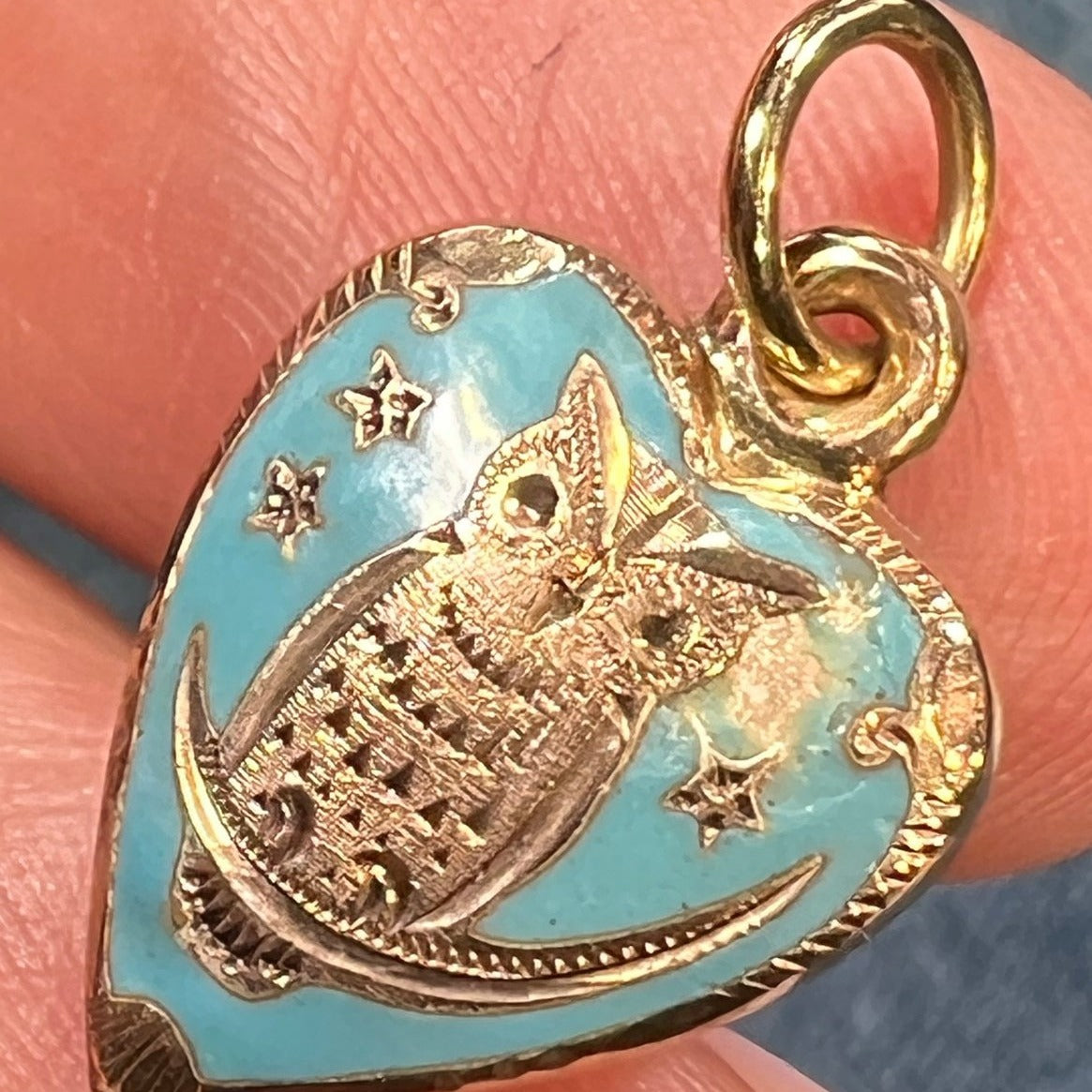 10k Gold Robins Egg Blue Enamel HEART Pendant. Owl, Moon + Stars