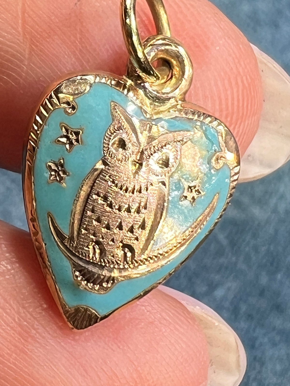 10k Gold Robins Egg Blue Enamel HEART Pendant. Owl, Moon + Stars