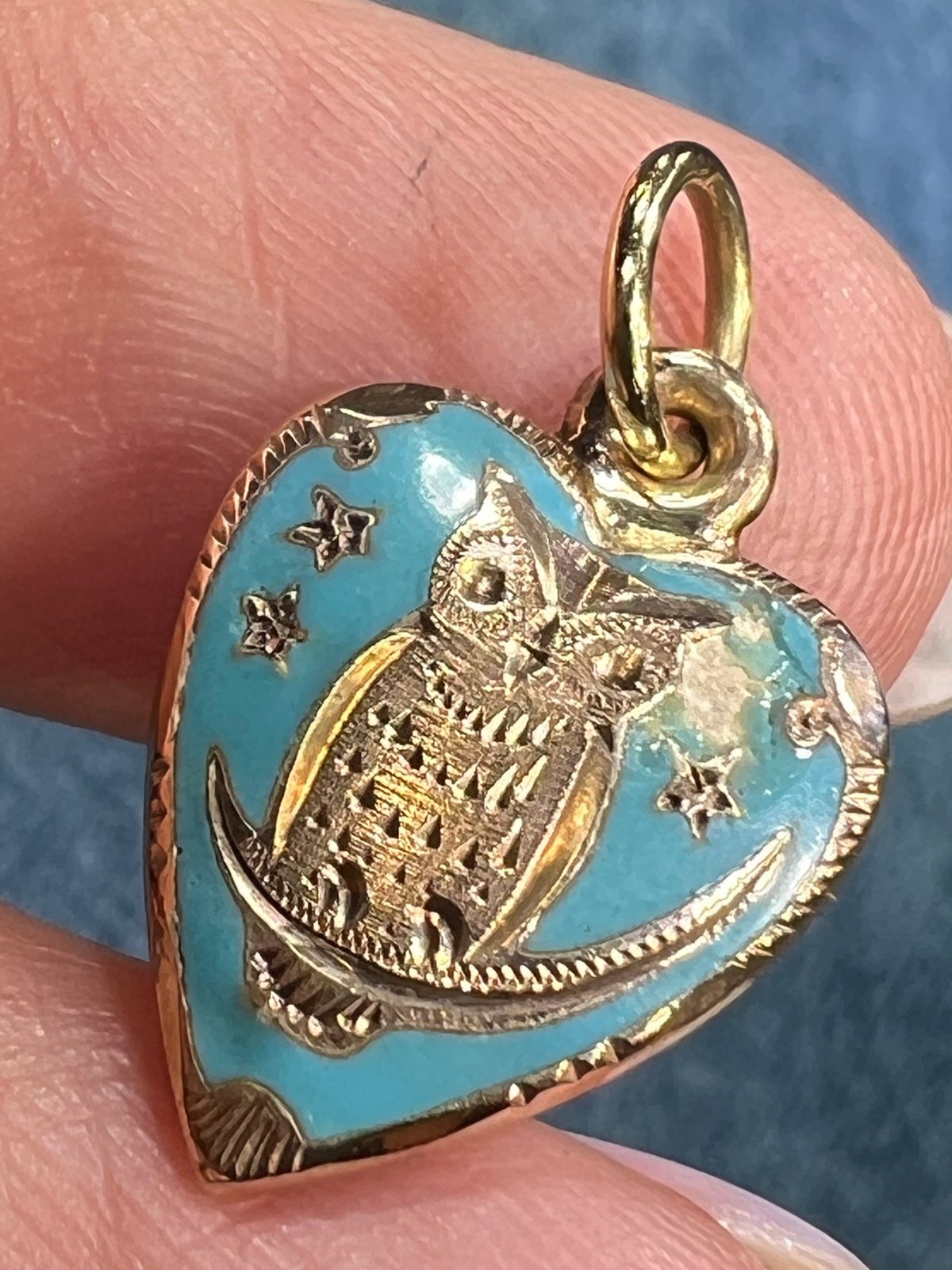 10k Gold Robins Egg Blue Enamel HEART Pendant. Owl, Moon + Stars