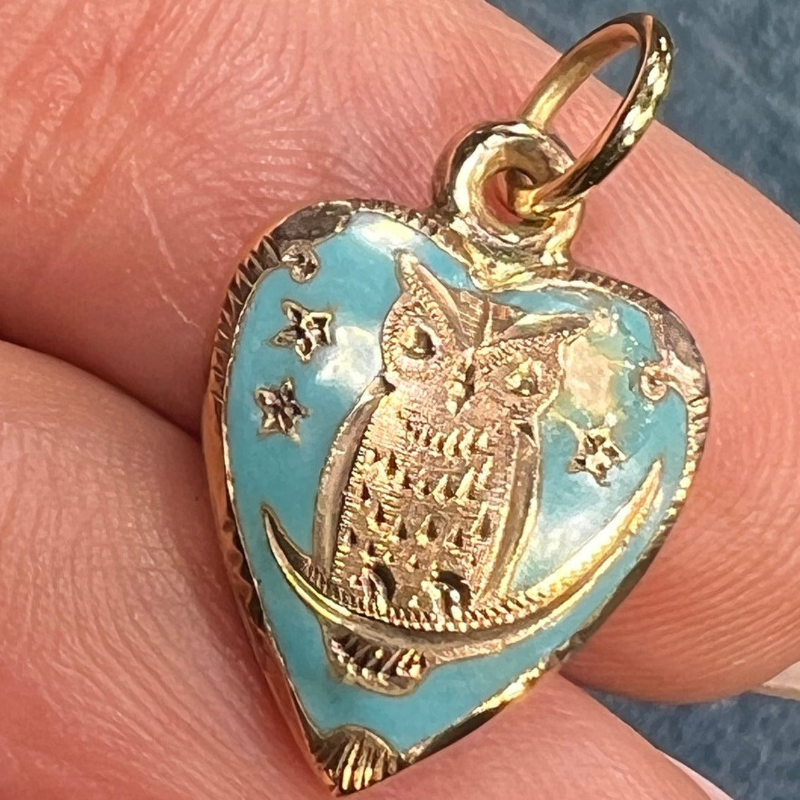 10k Gold Robins Egg Blue Enamel HEART Pendant. Owl, Moon + Stars