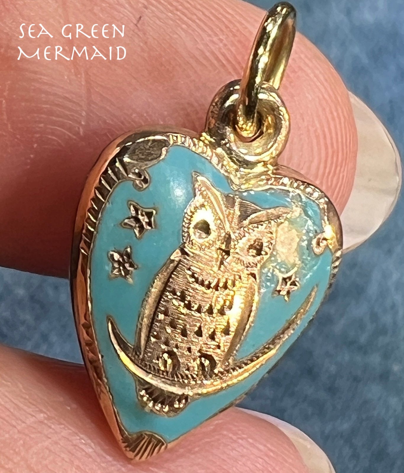 10k Gold Robins Egg Blue Enamel HEART Pendant. Owl, Moon + Stars