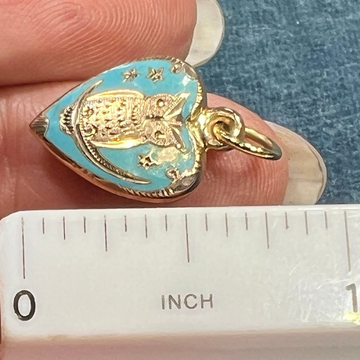 10k Gold Robins Egg Blue Enamel HEART Pendant. Owl, Moon + Stars