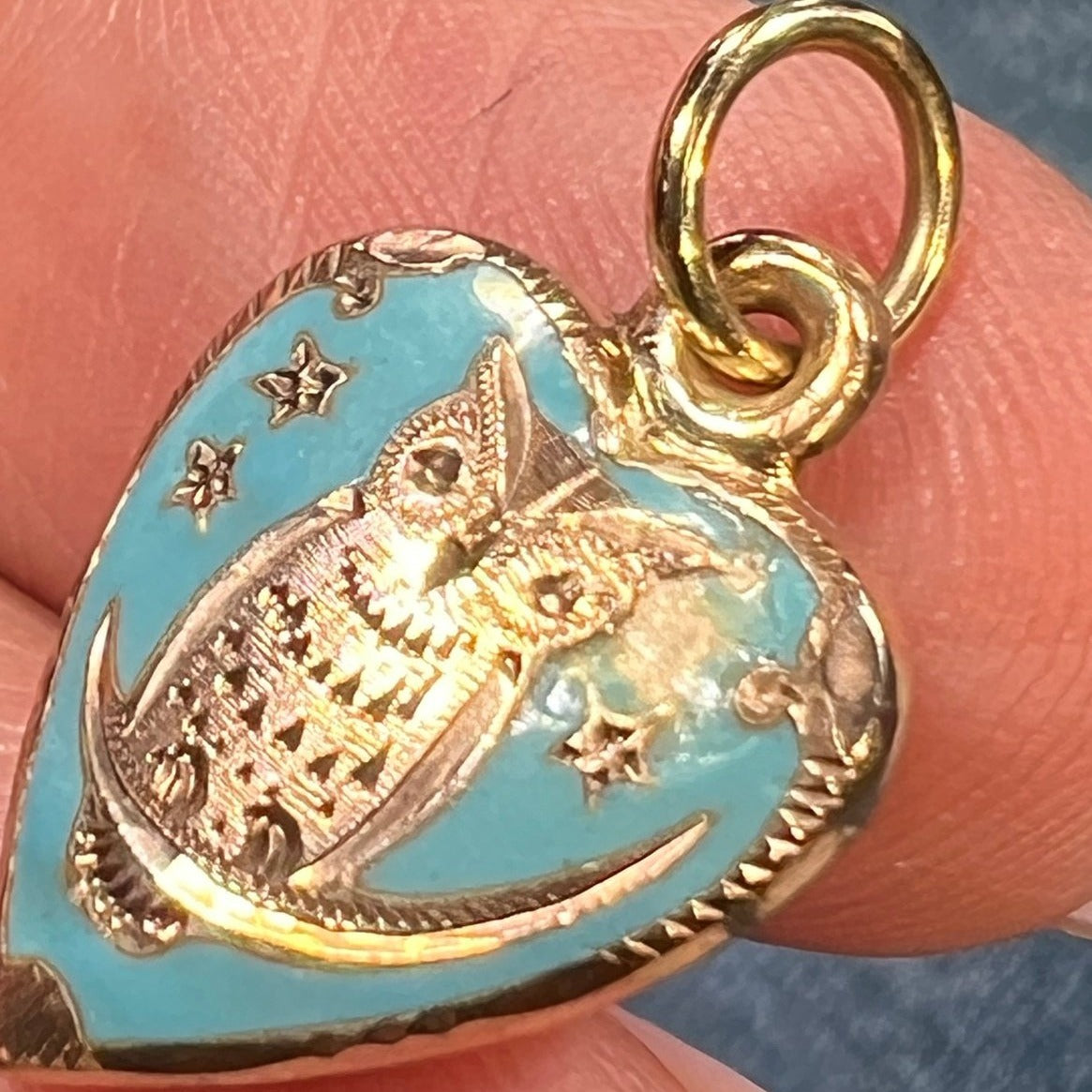 10k Gold Robins Egg Blue Enamel HEART Pendant. Owl, Moon + Stars