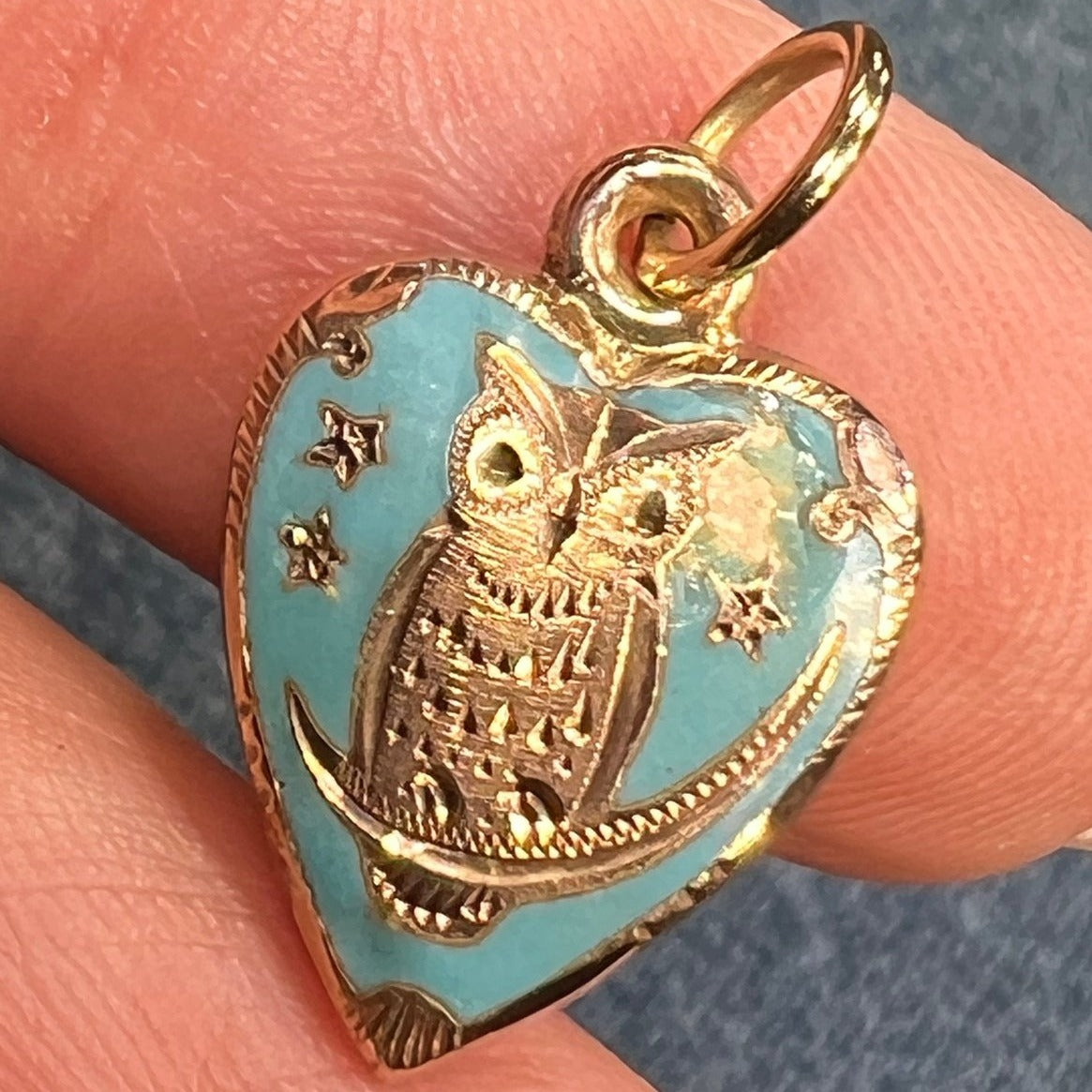 10k Gold Robins Egg Blue Enamel HEART Pendant. Owl, Moon + Stars