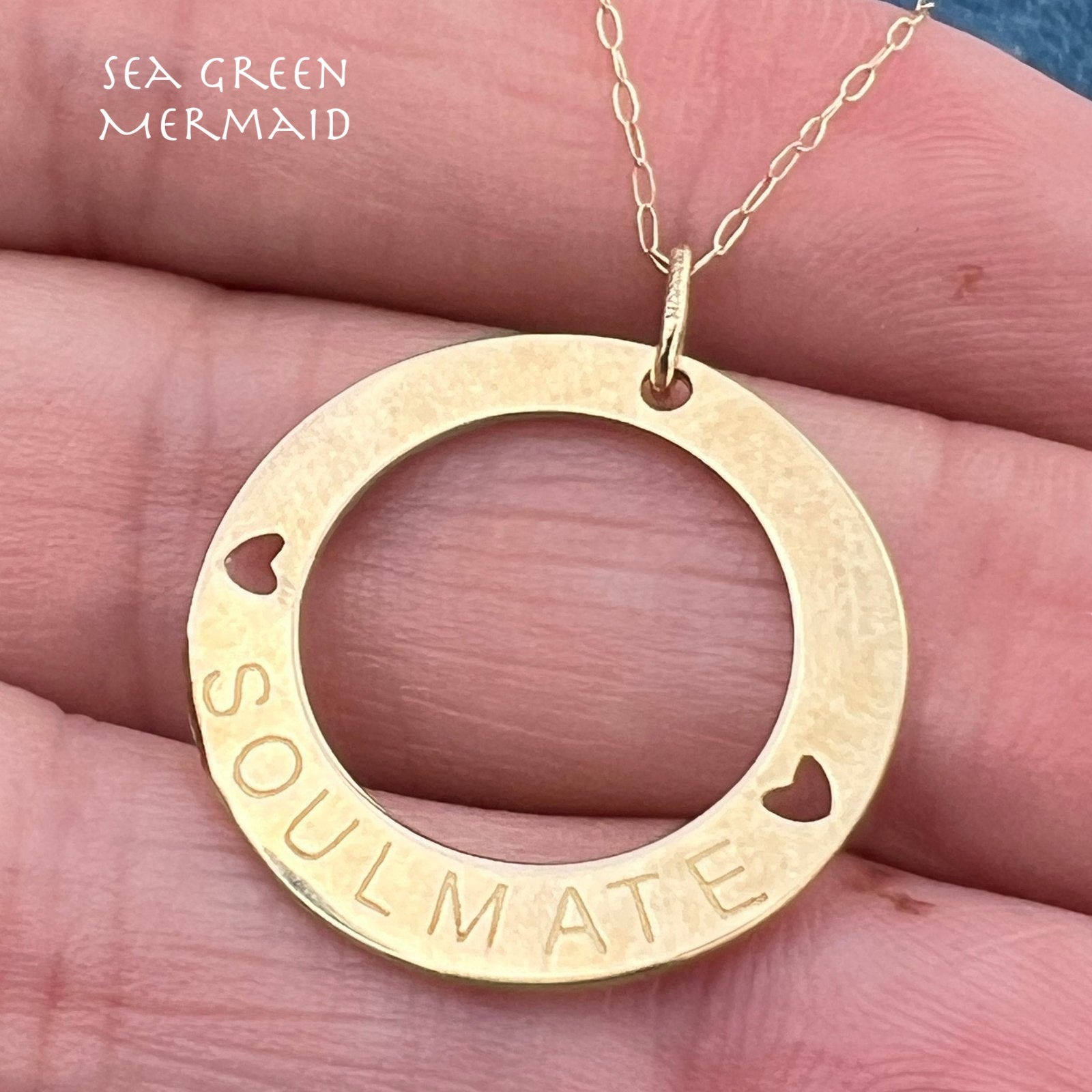 10k Gold SOULMATE Circle Pendant w Chain. Engravable 1"