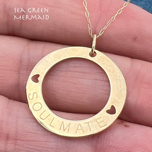 10k Gold SOULMATE Circle Pendant w Chain. Engravable 1"