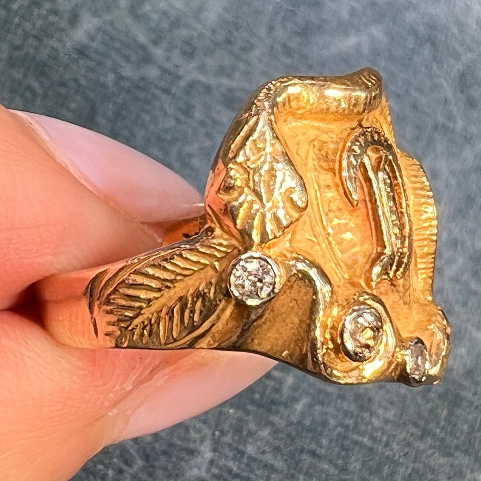 10k Gold Signet Ring w Snake Shoulders + Rose Diamonds *Video*