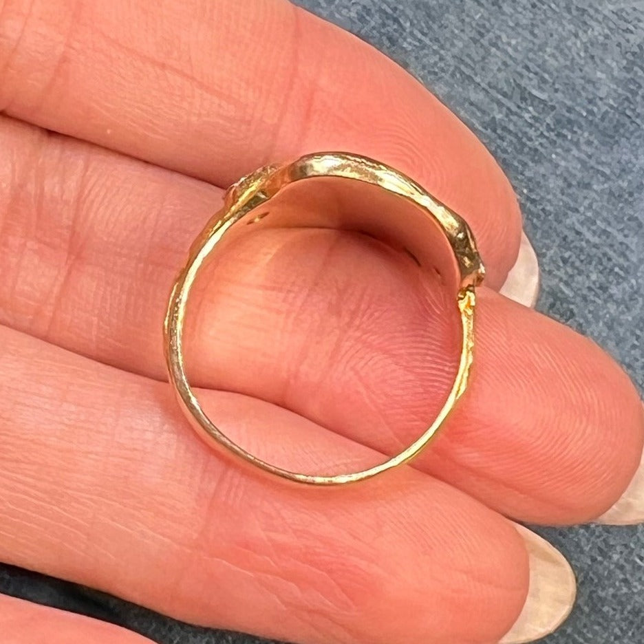 10k Gold Signet Ring w Snake Shoulders + Rose Diamonds *Video*