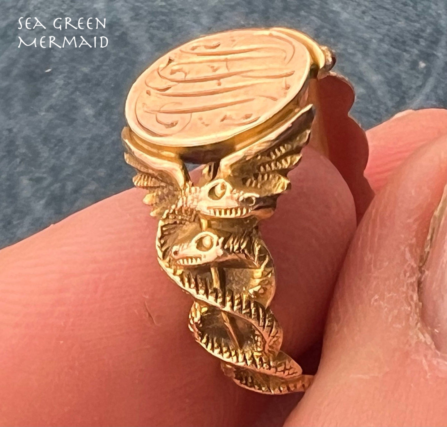 10k Gold Signet Shield Ring w Twined Snake Serpent Shoulders