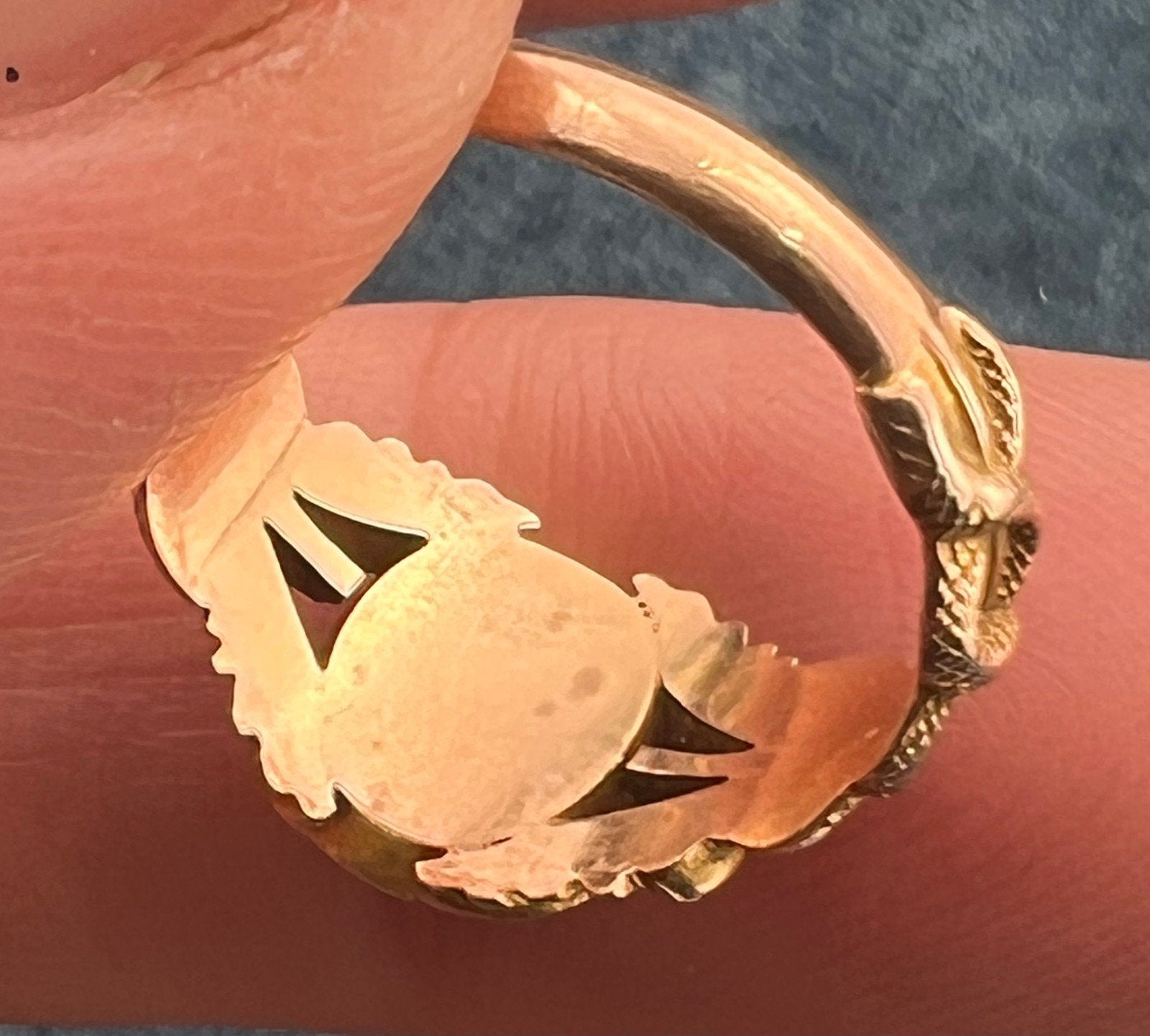 10k Gold Signet Shield Ring w Twined Snake Serpent Shoulders