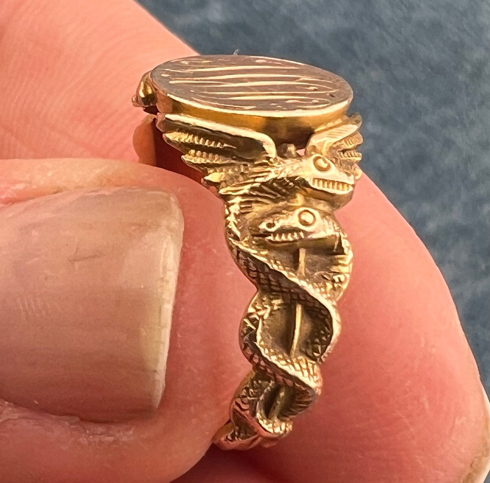 10k Gold Signet Shield Ring w Twined Snake Serpent Shoulders