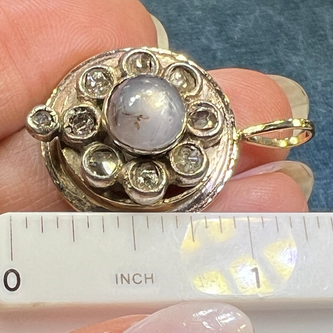 10k Gold Silver Top Star Sapphire Pendant w Rose-Cut Diamonds *Video* R