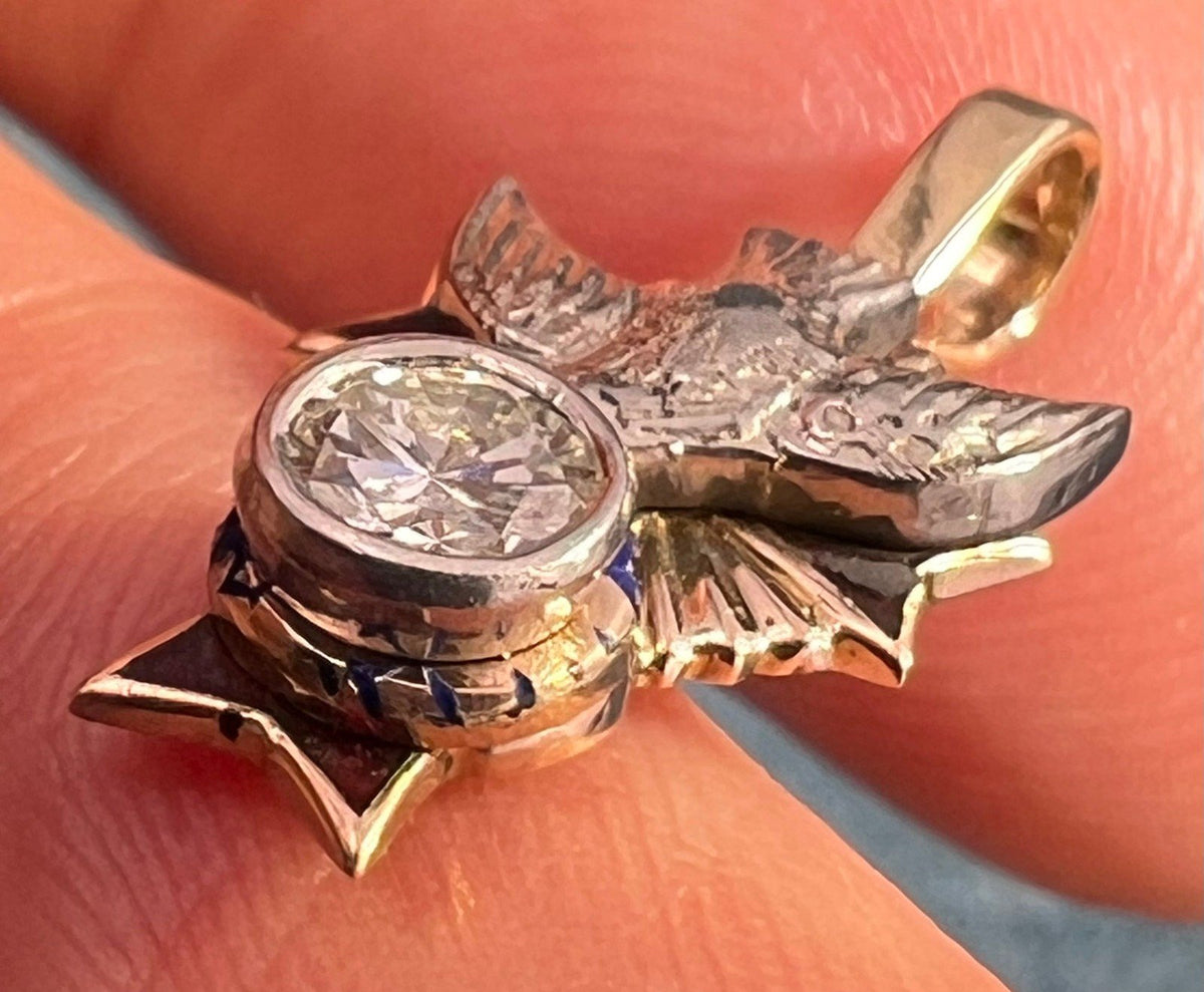 10k Gold Sparrow + Cross Pendant w Bezel Rose-Cut Diamond. TINY!