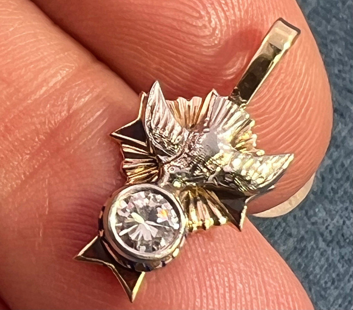 10k Gold Sparrow + Cross Pendant w Bezel Rose-Cut Diamond. TINY!